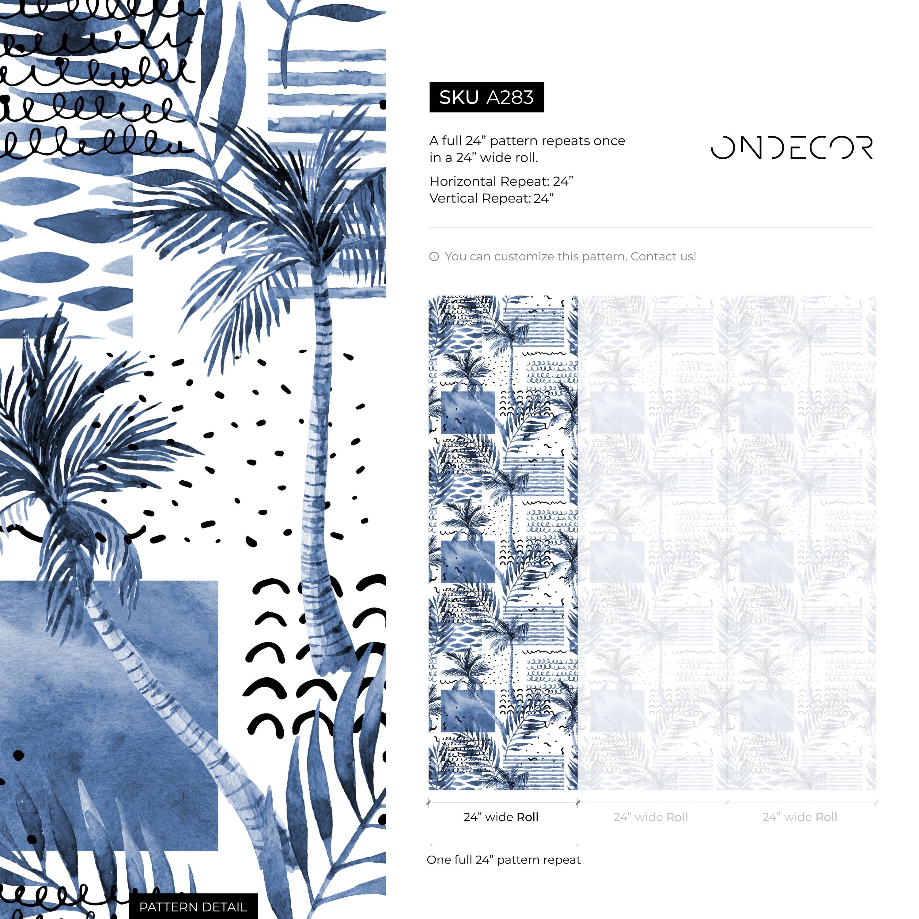 Coastal Wallpaper With An Abstract Palm Tree Collage In Blue And Black - A283