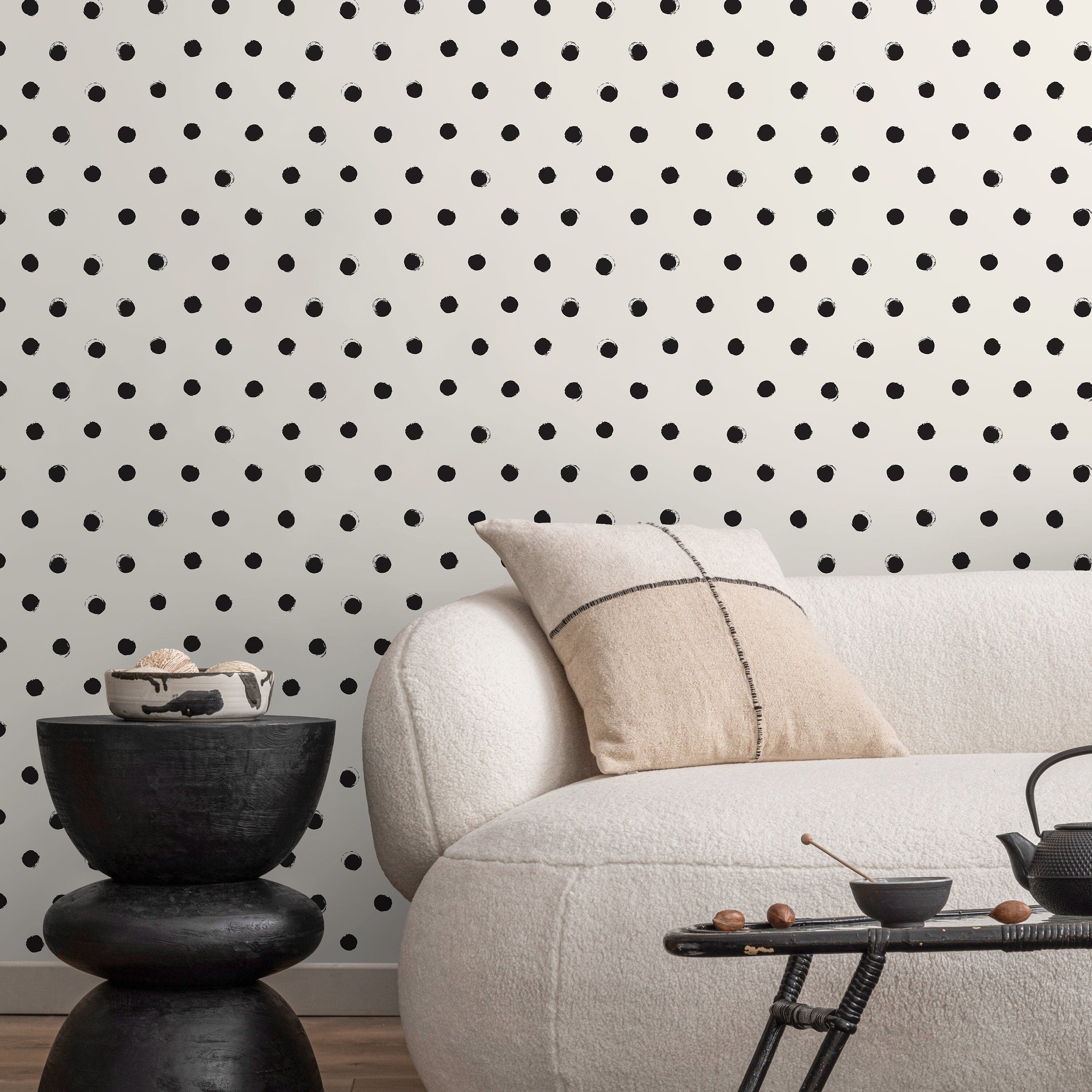 Polka Dot Wallpaper With A Hand-painted Motif In Black And Off-white - A355