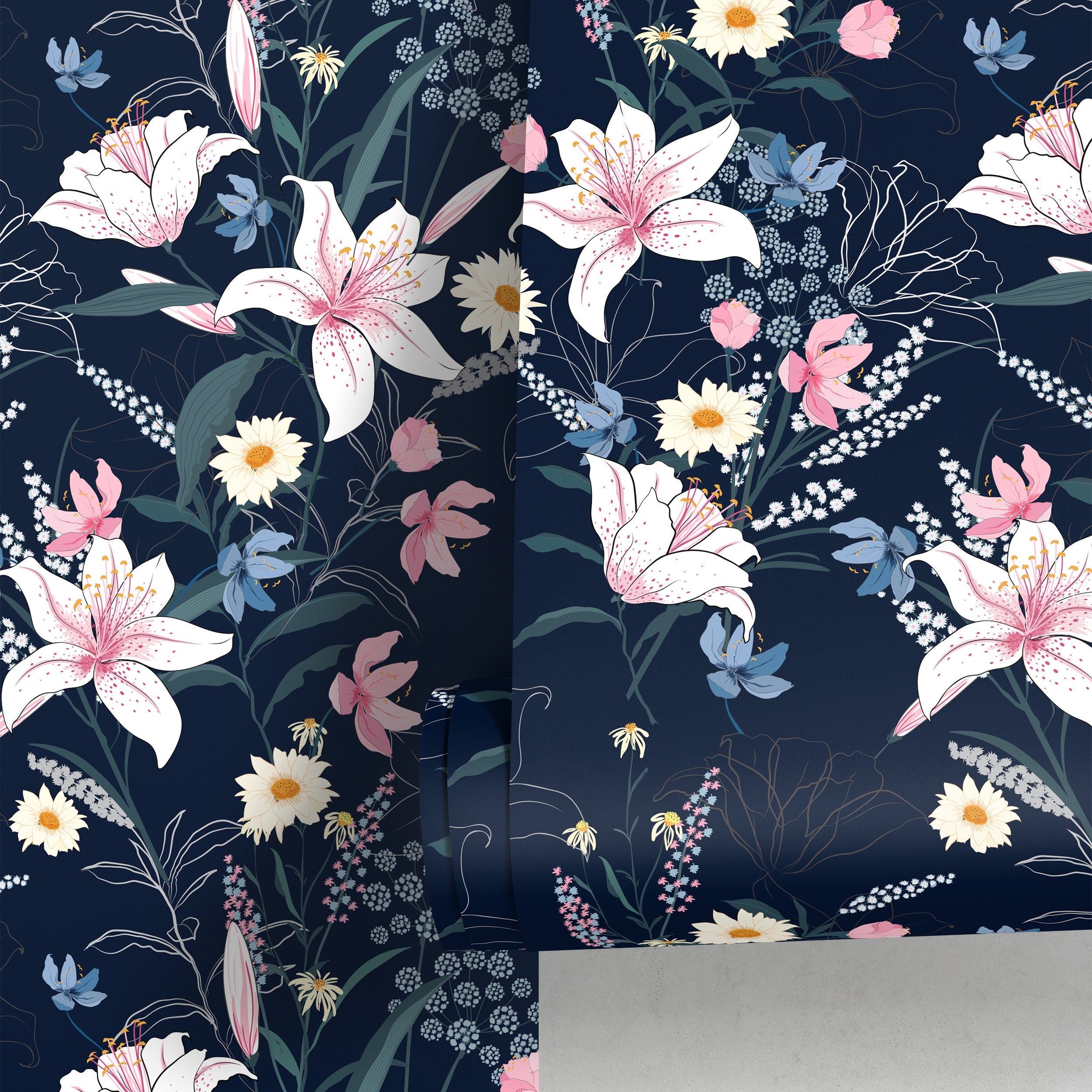 Floral Wallpaper With Lilies And Wildflowers In Navy Blue, Pink, And White - A563