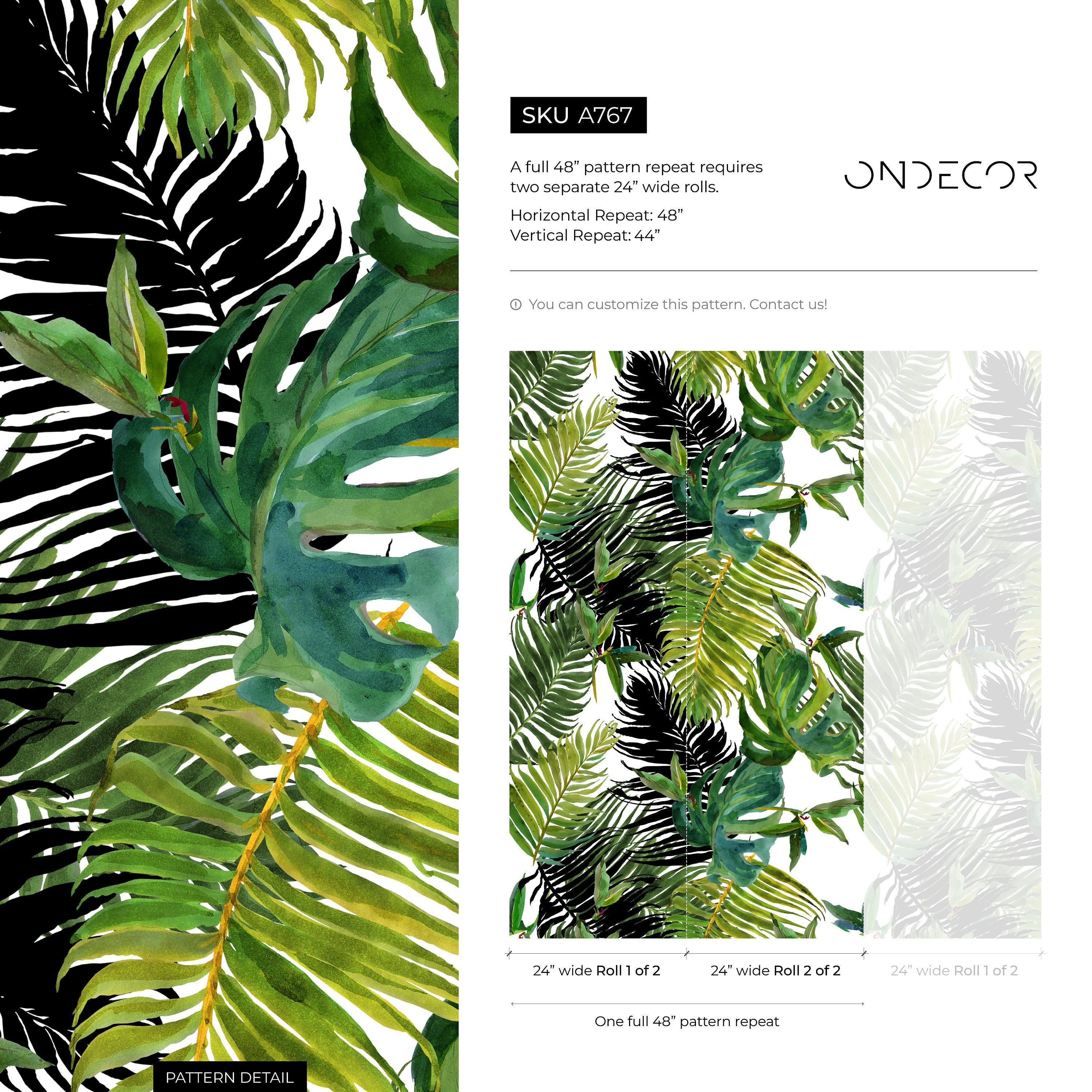 Tropical Wallpaper With Watercolor Palm Leaves In Green And Black - A767