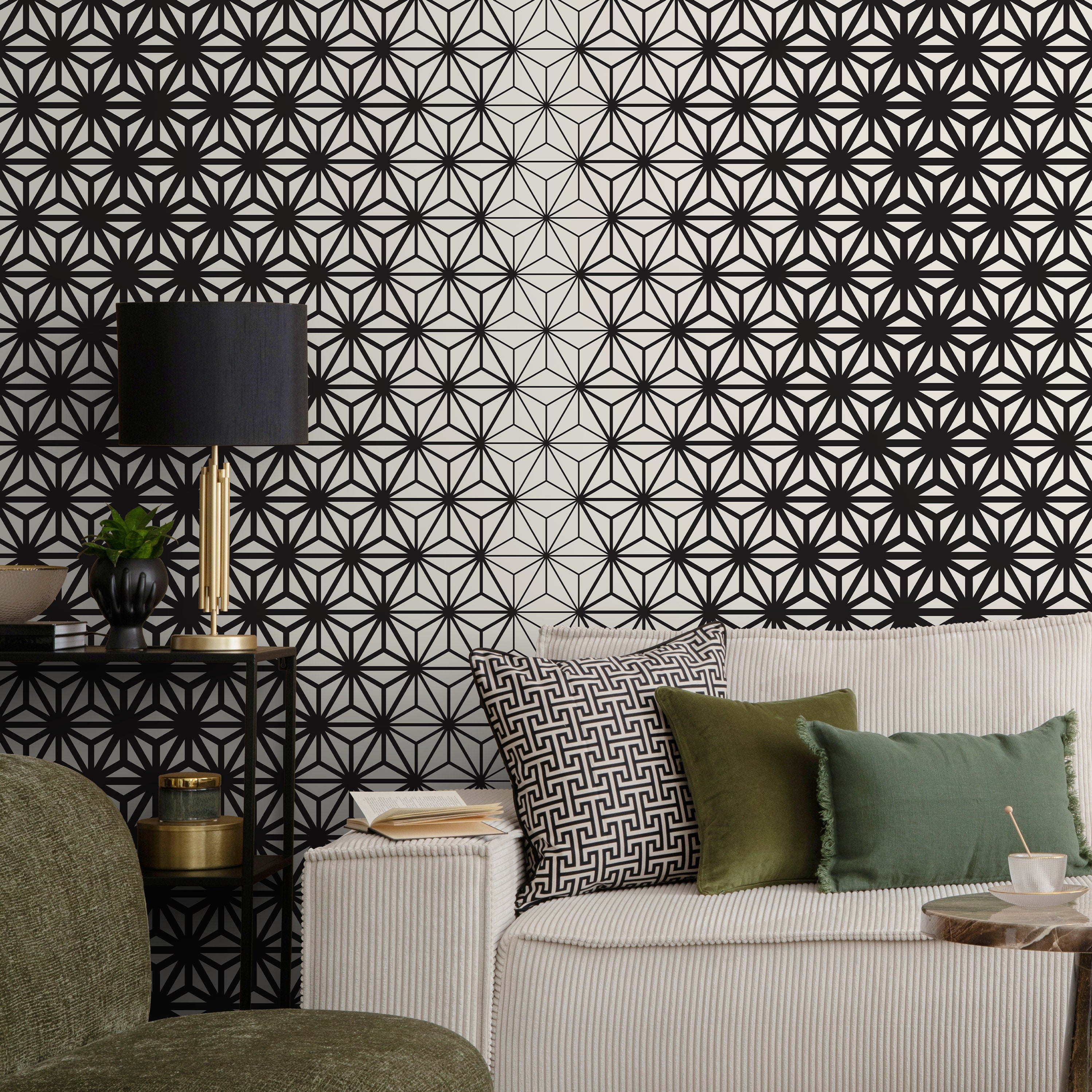 Geometric Wallpaper With A Starburst Asanoha Motif In Black And White - D937