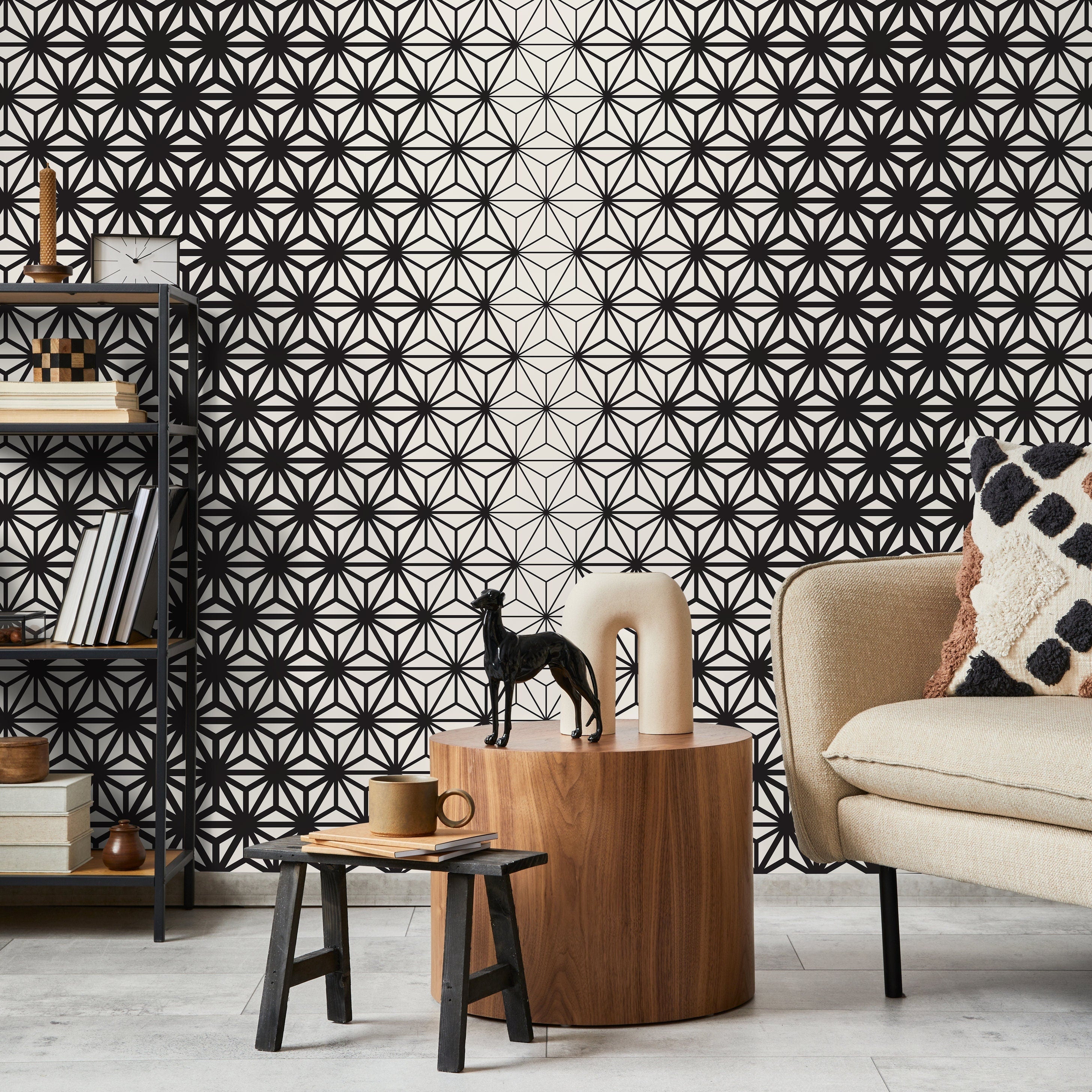 Geometric Wallpaper With A Starburst Asanoha Motif In Black And White - D937