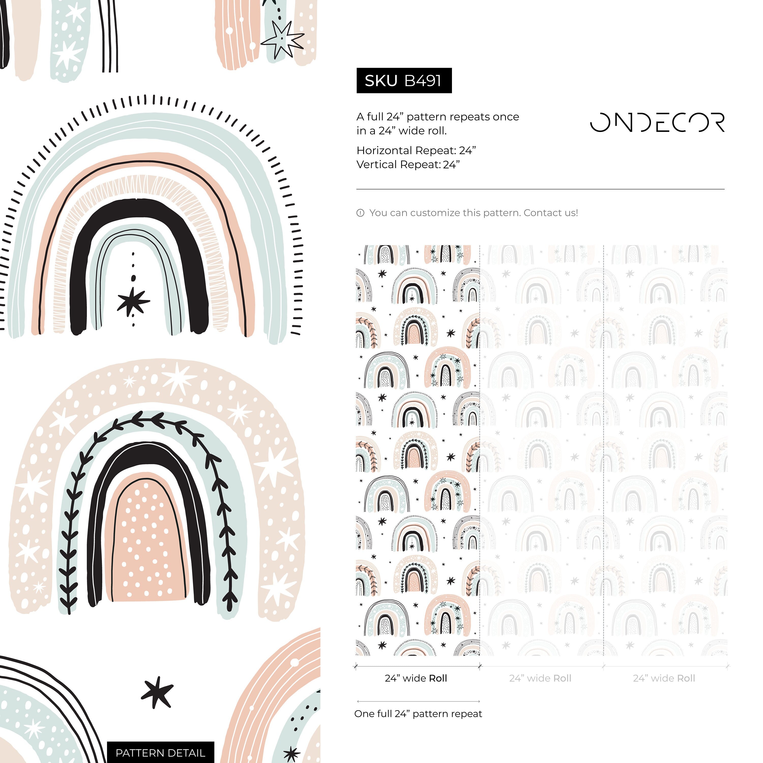 Scandinavian Wallpaper With Boho Rainbows In Pink, Green, And Beige - B491