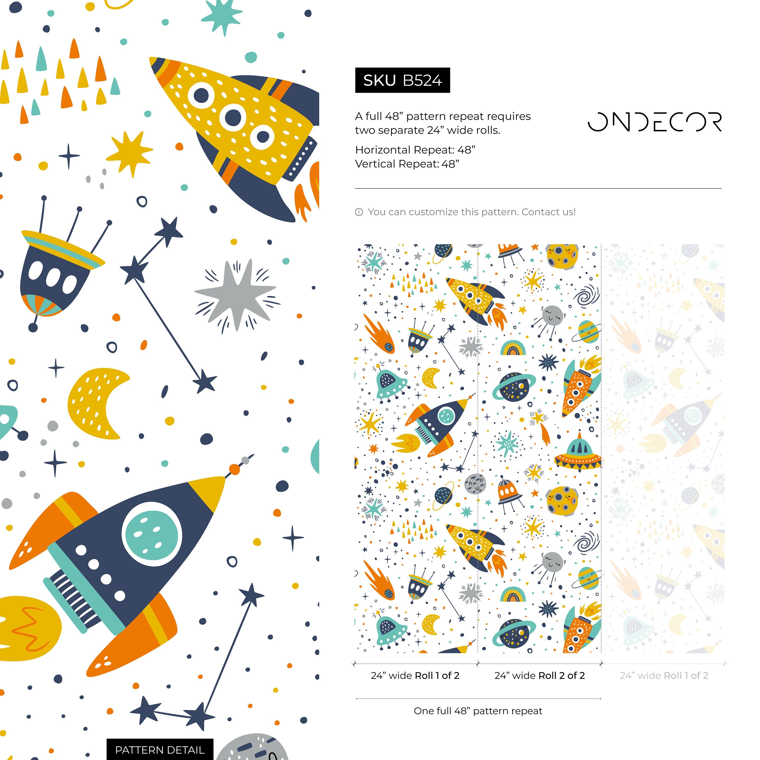 Kids Wallpaper With A Scandinavian Space Motif In Yellow, Orange, And Blue - B524