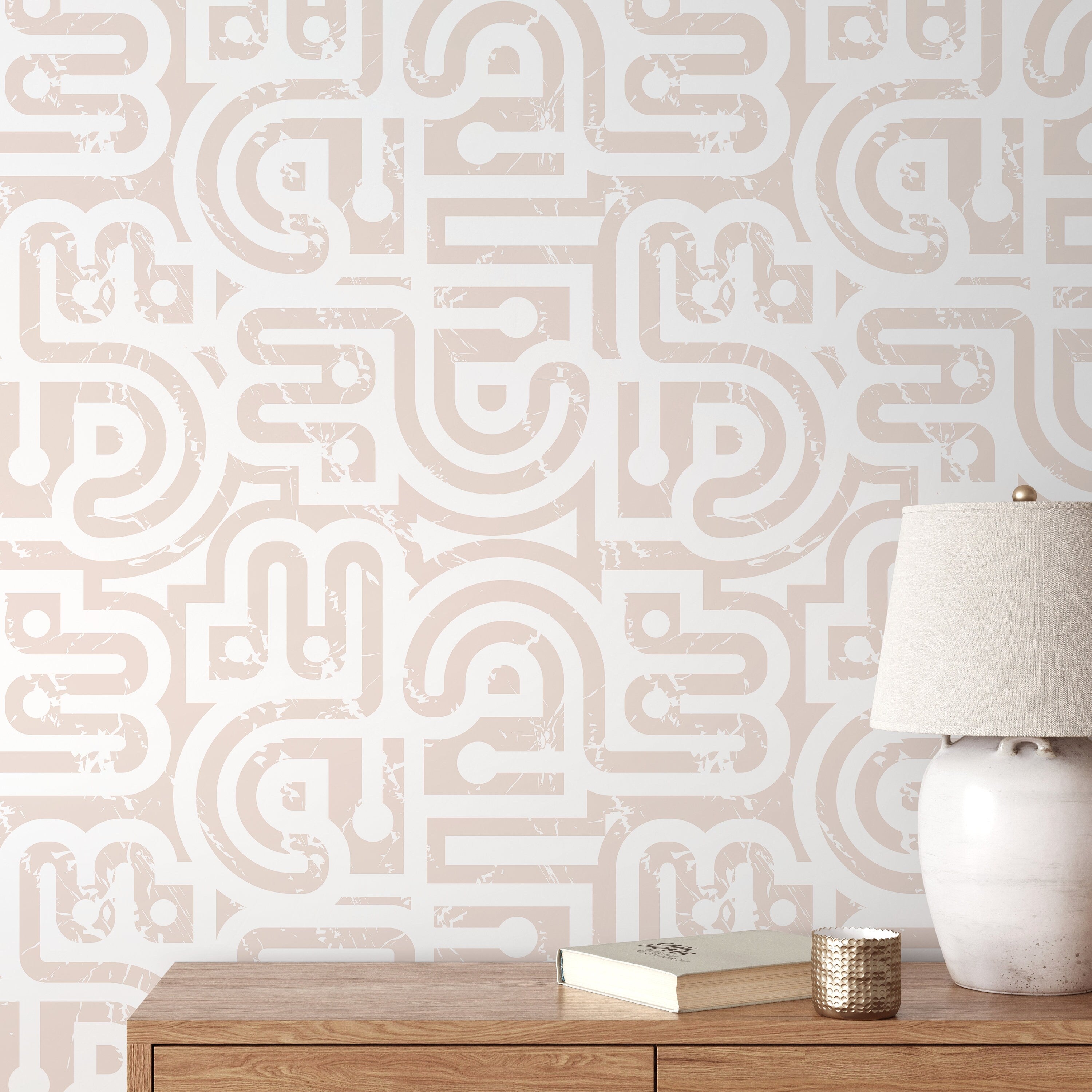 Geometric Wallpaper With A Distressed Abstract Motif In Beige - D944