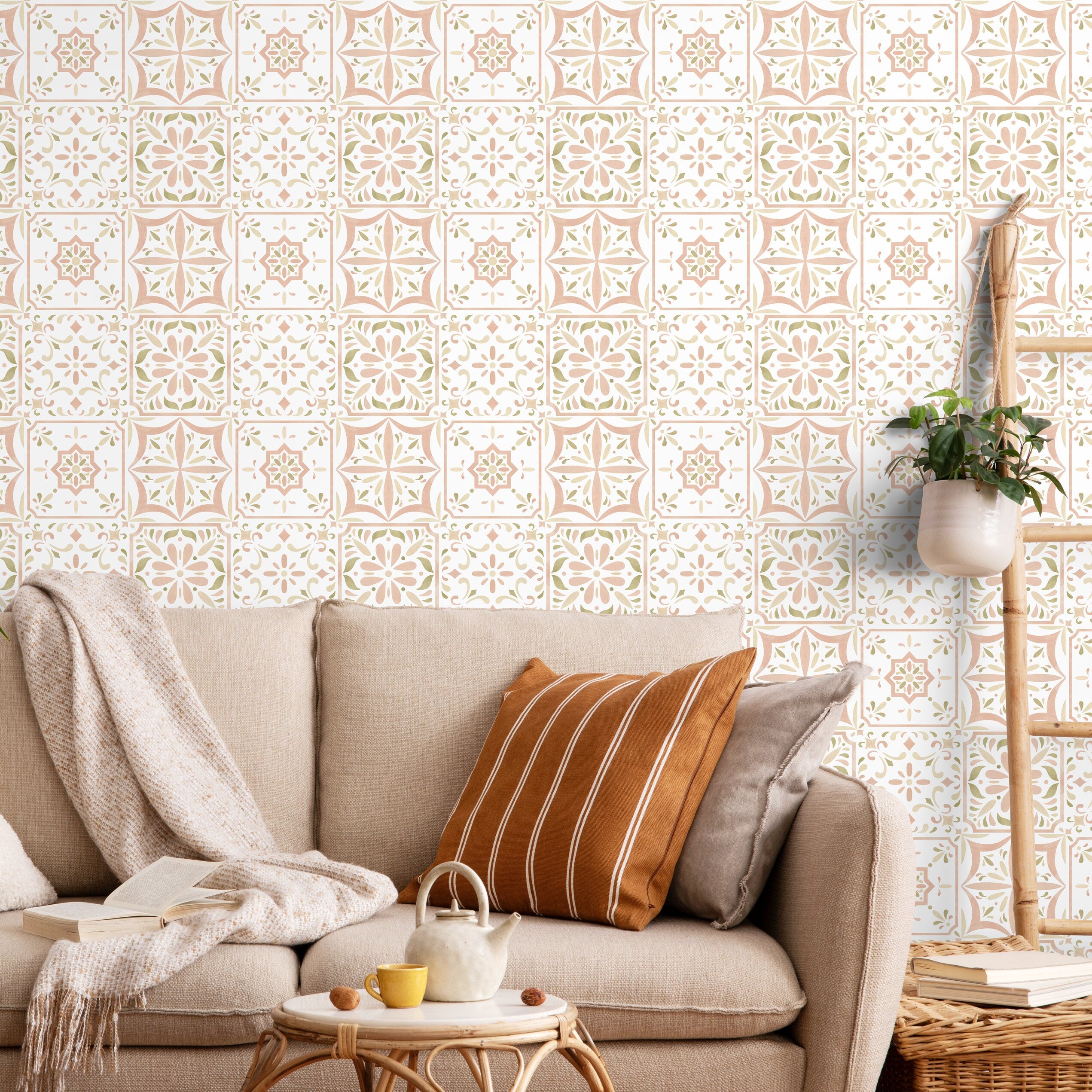 Tile Wallpaper With A Mediterranean Floral Motif In Pink, Green, And Beige - D945