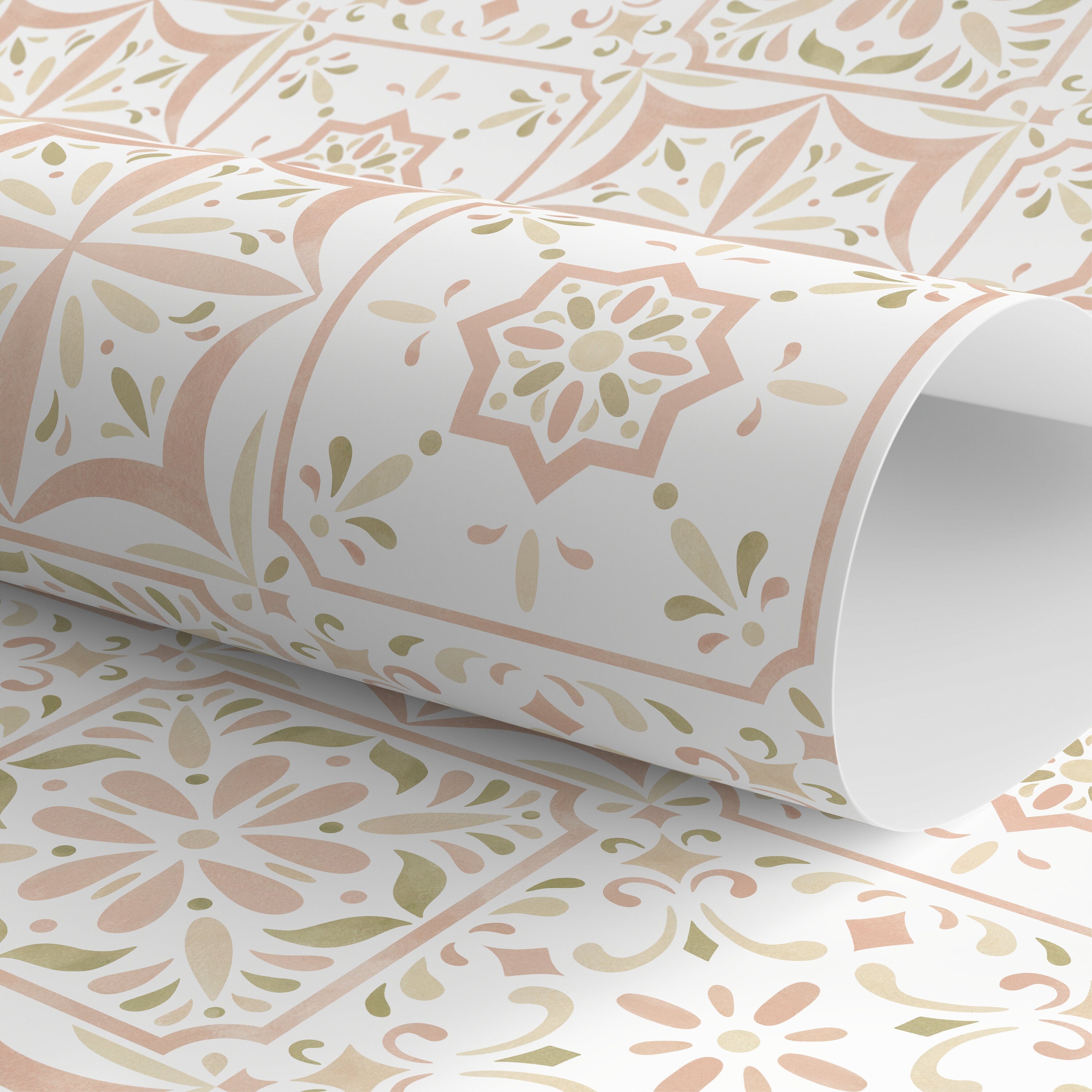 Tile Wallpaper With A Mediterranean Floral Motif In Pink, Green, And Beige - D945