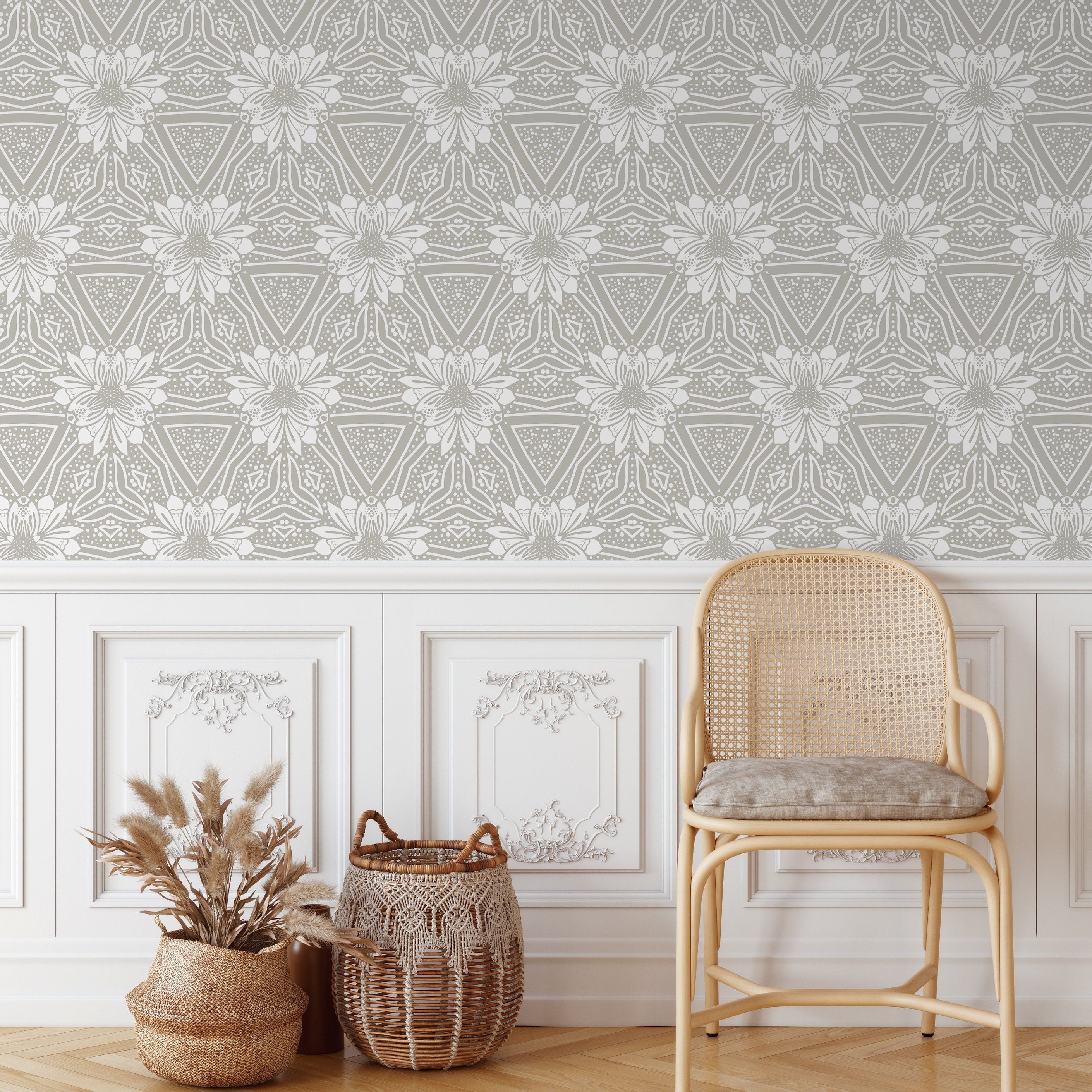 Scandinavian Wallpaper With A Geometric Floral Motif In Sage Green And White - X023