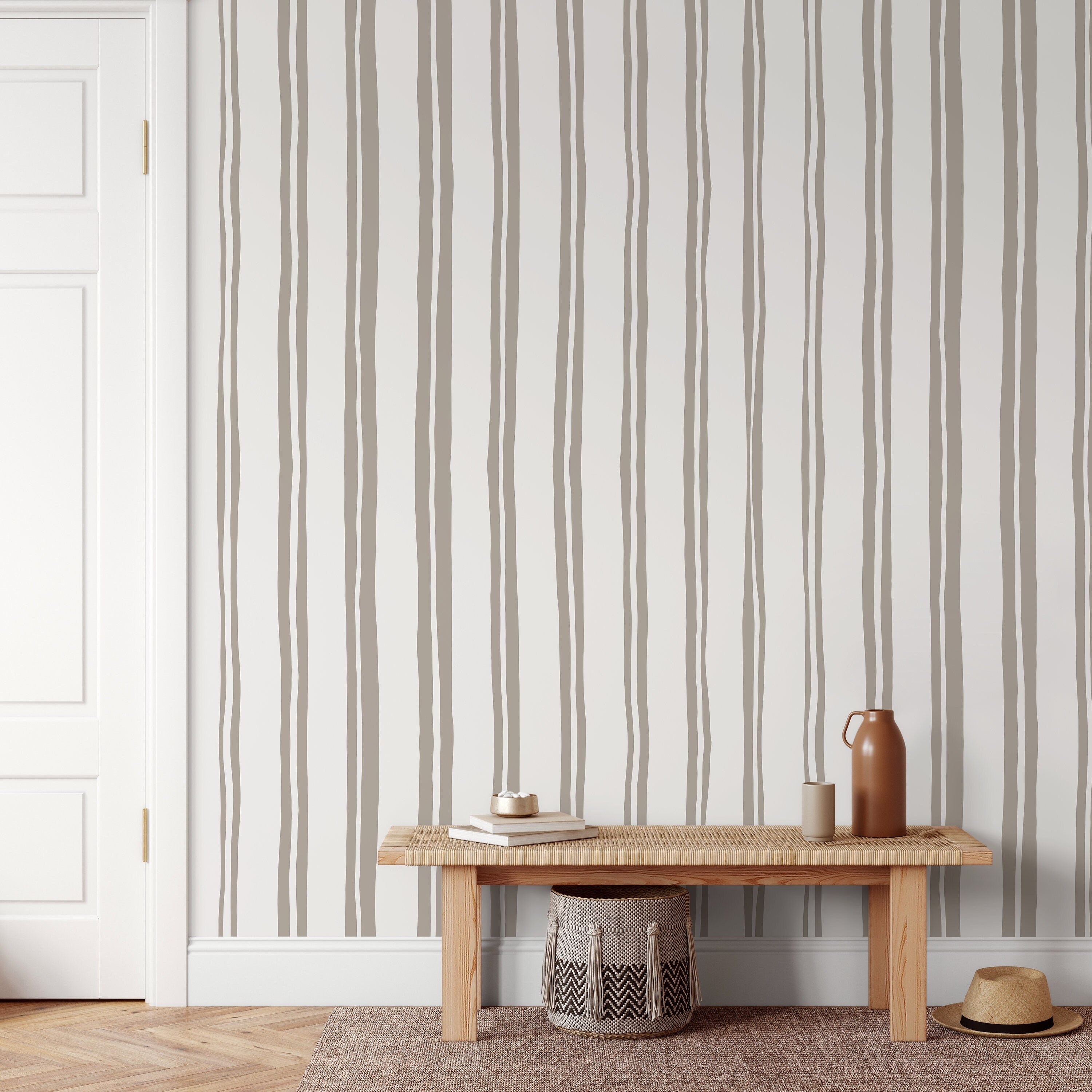 Striped Wallpaper With Wavy Hand-drawn Lines In Taupe - D763