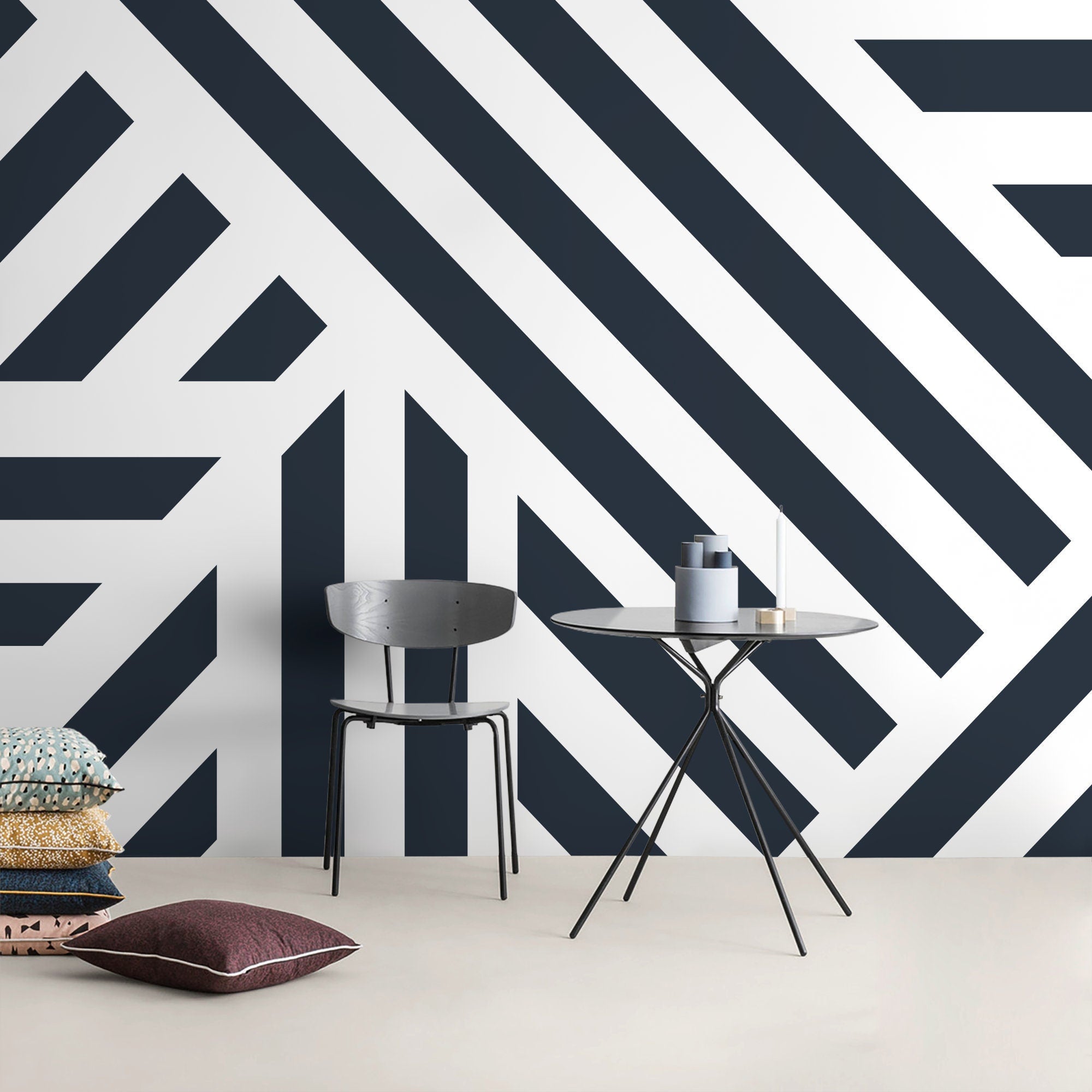 Geometric Wallpaper With Bold Intersecting Stripes In Navy Blue - D731
