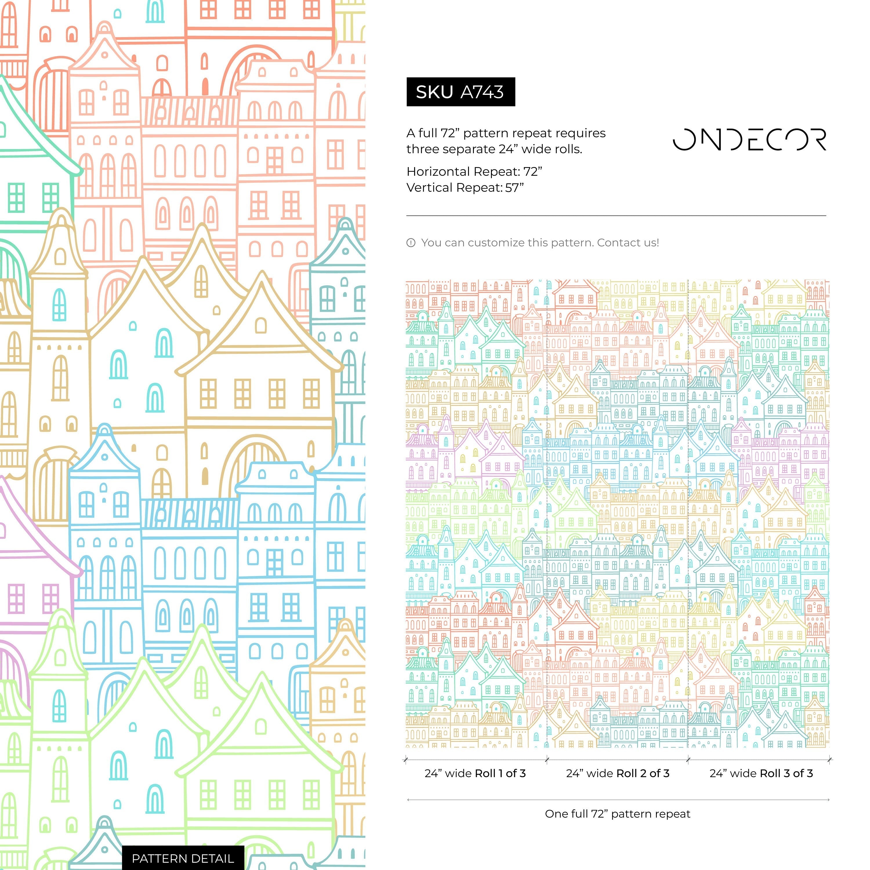 Cityscape Wallpaper With A Whimsical Hand-drawn Town In Blue, Pink, And Green - A743