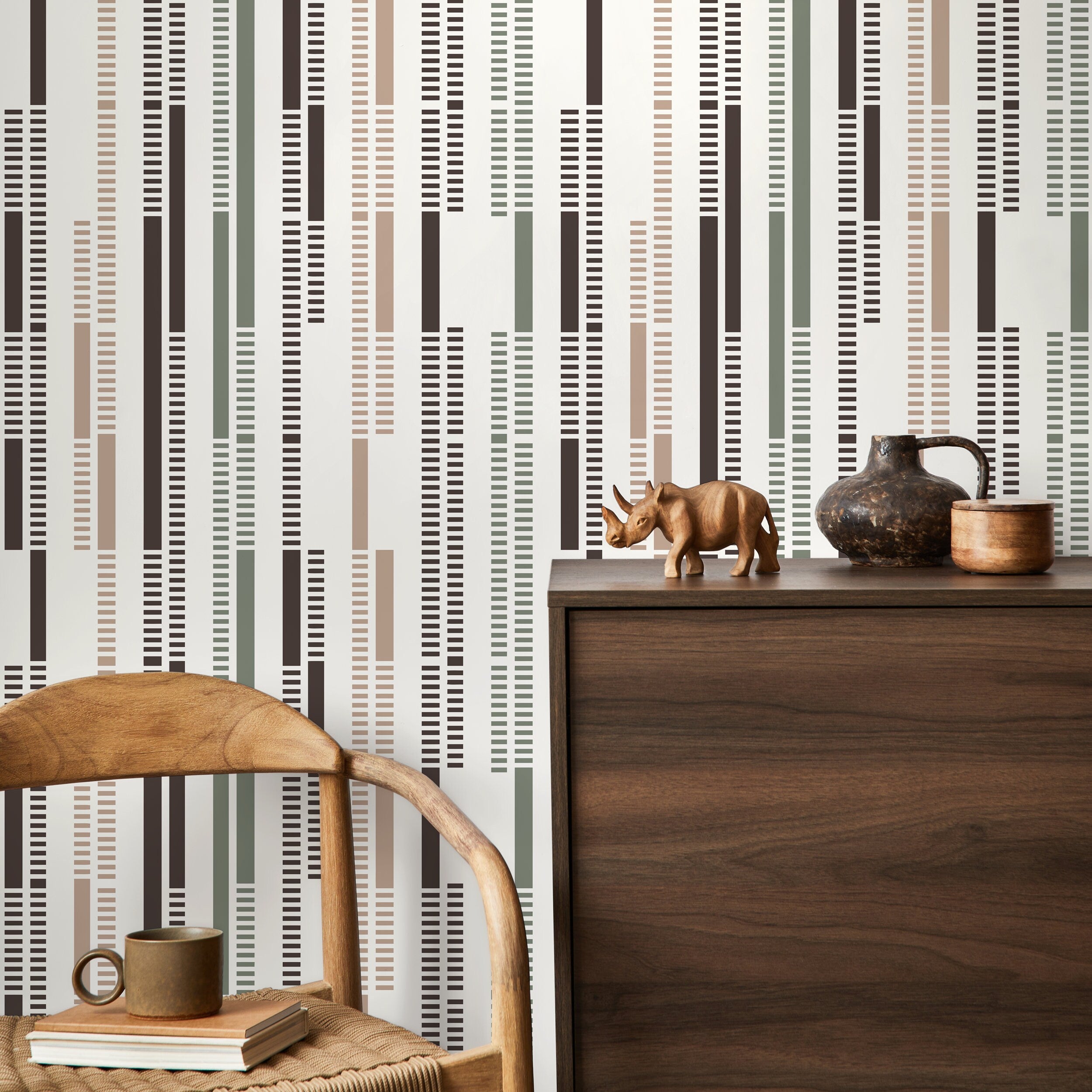 Geometric Wallpaper With Dashed Vertical Stripes In Brown, Green, And Taupe - D742
