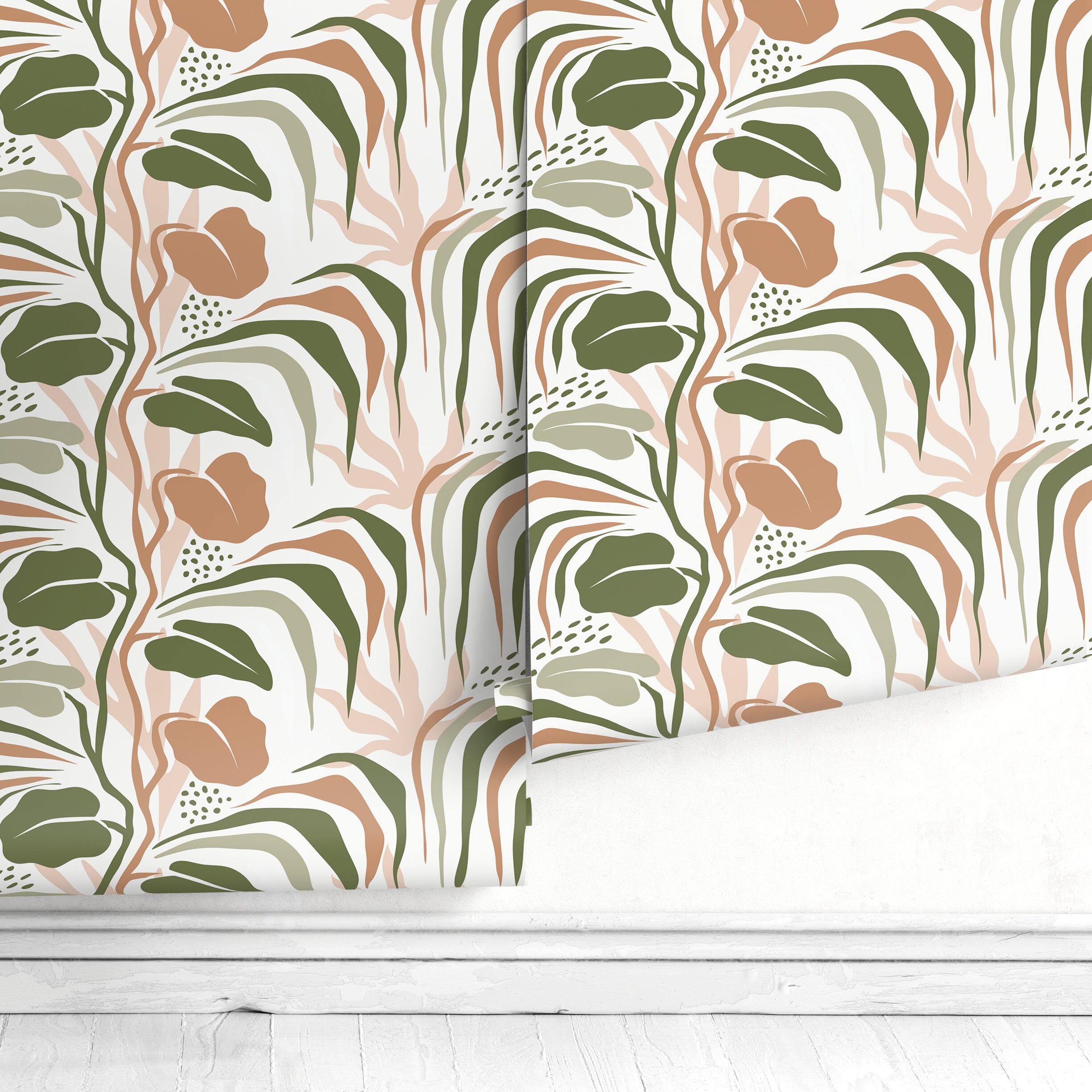 Botanical Wallpaper With Abstract Tropical Leaves In Green, Terracotta, And Pink - D719