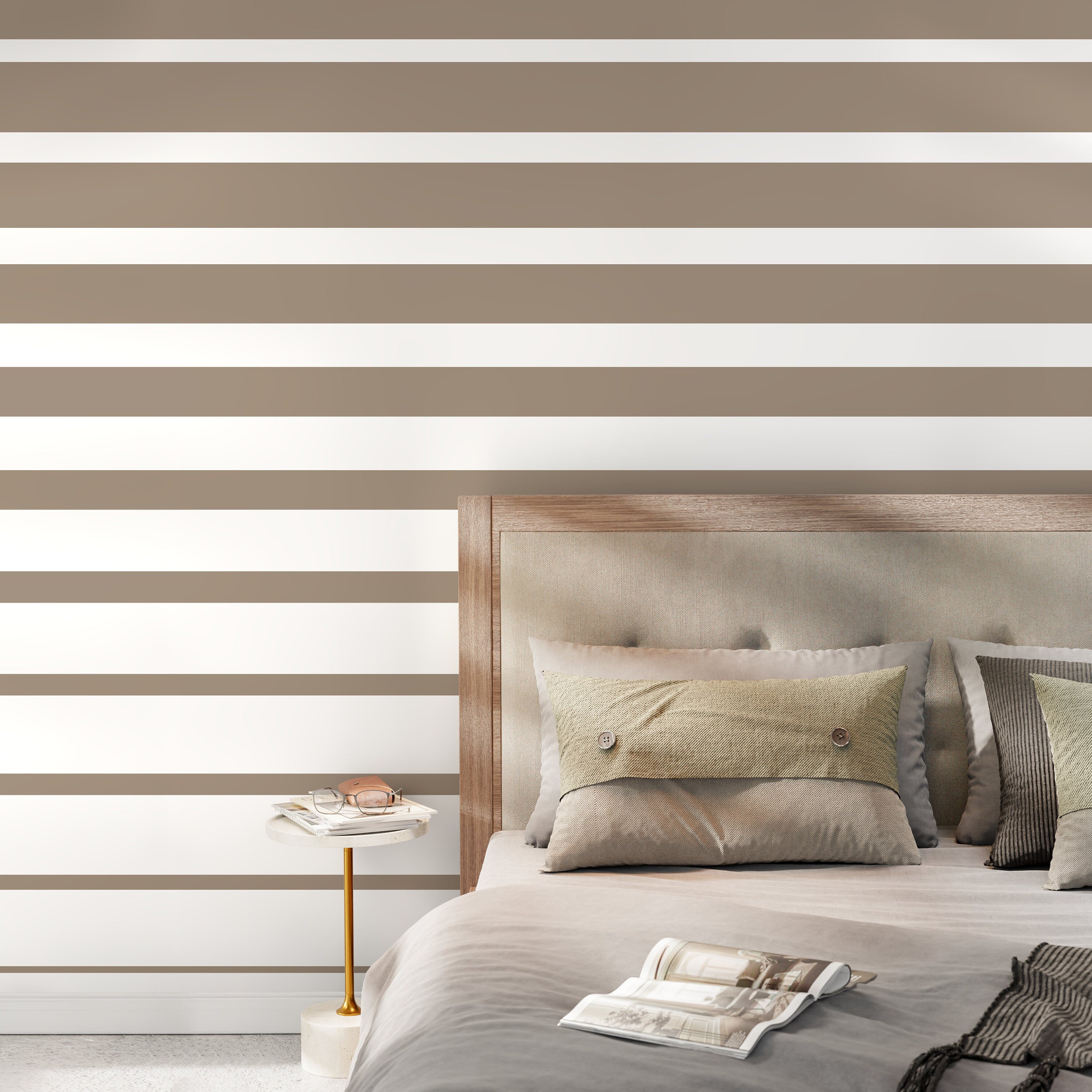 Striped Wallpaper With Bold Horizontal Stripes In Beige And White - D727