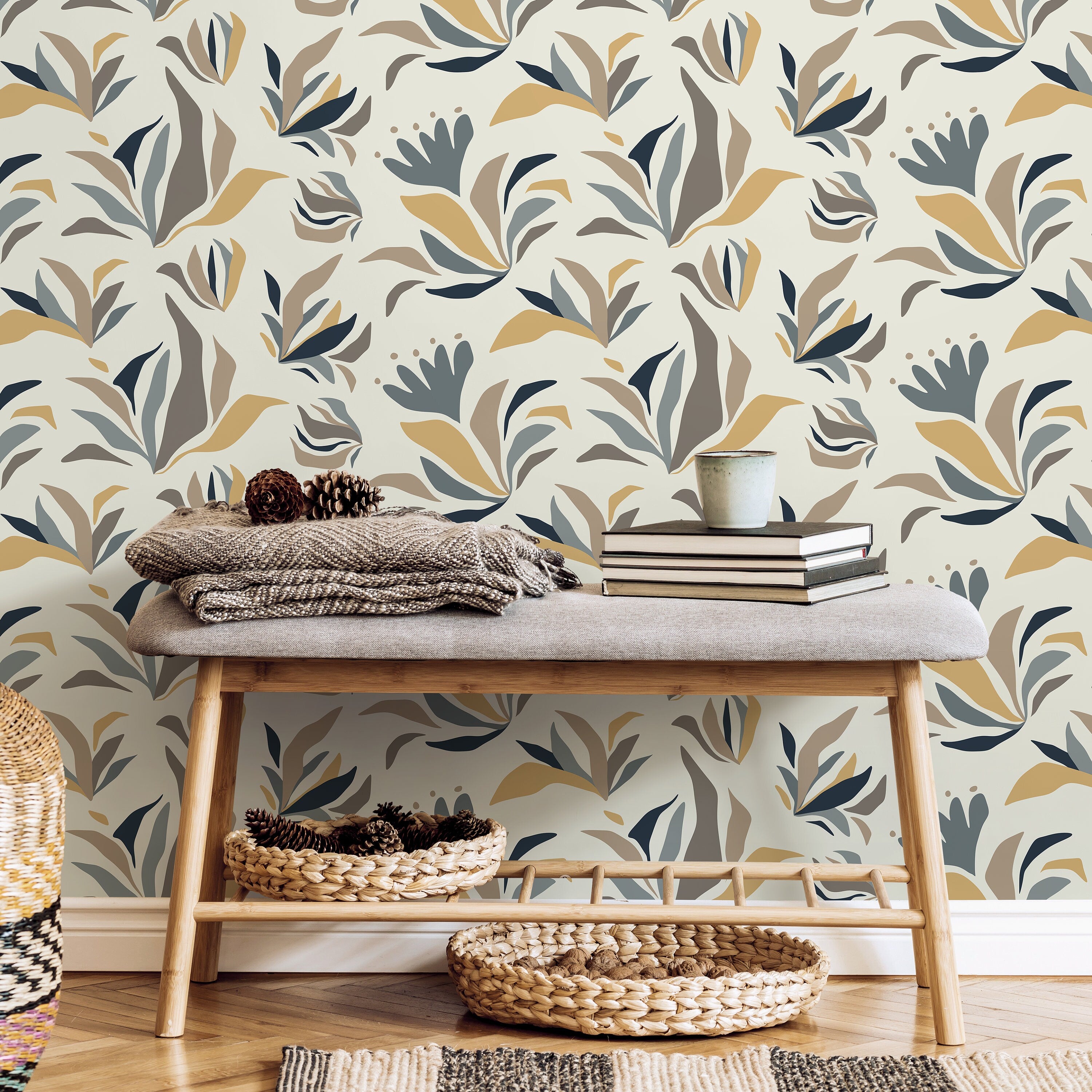 Botanical Wallpaper Featuring Abstract Floral Elements In Blue, Gold, And Taupe - D725