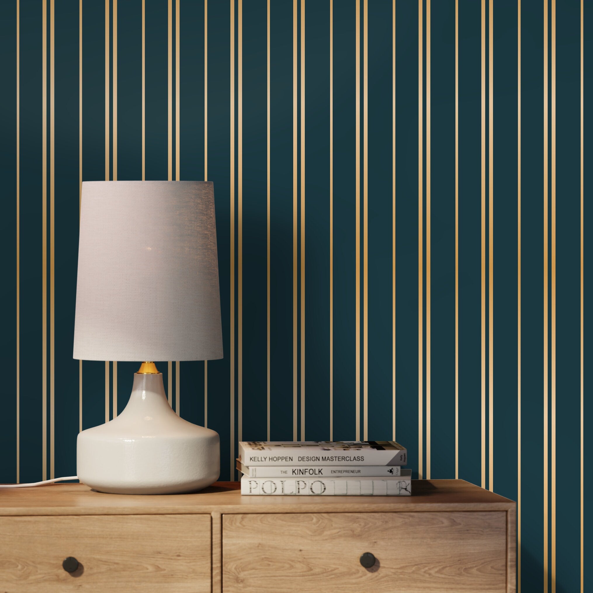 Art Deco Wallpaper With An Elegant Striped Motif In Green And Gold - D770