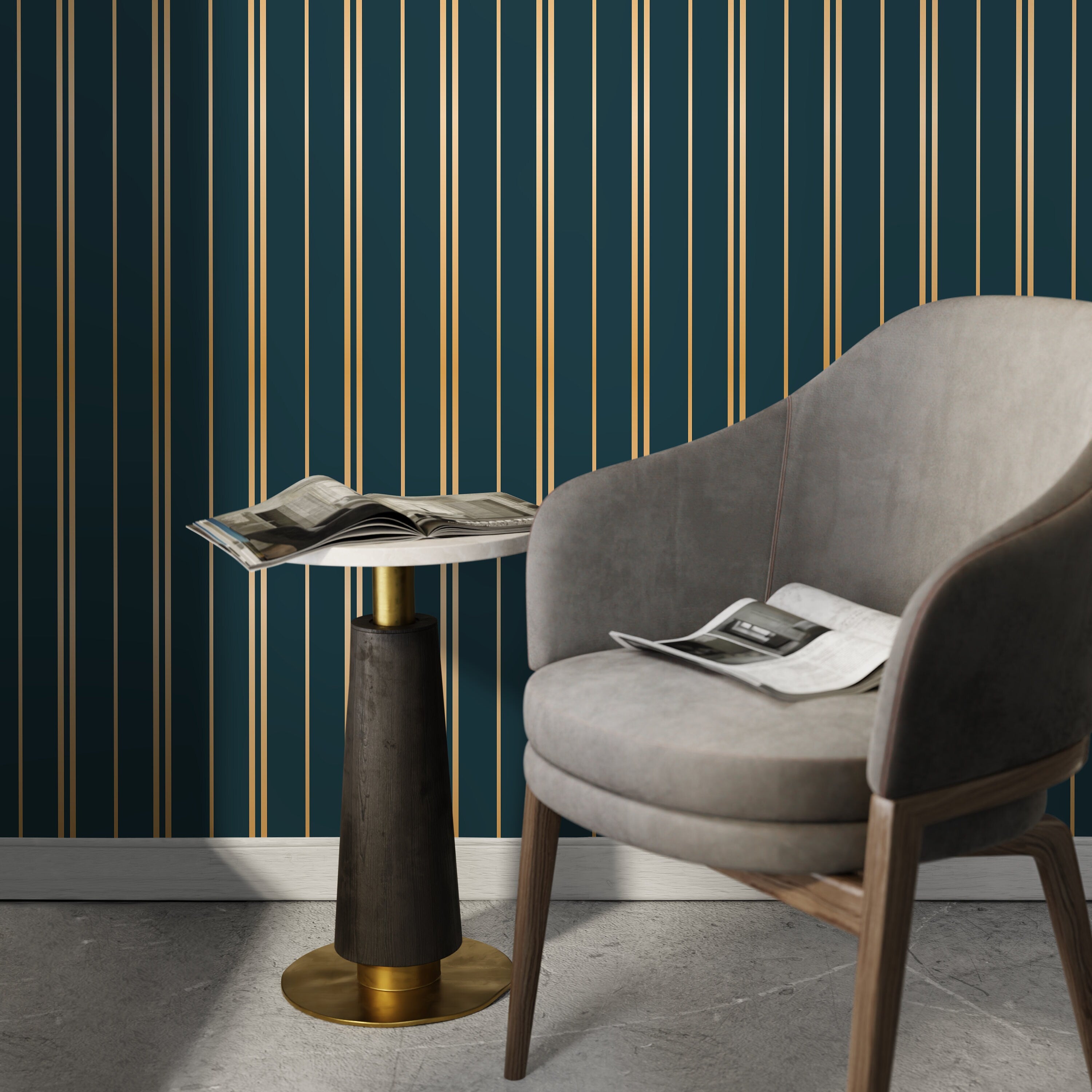 Art Deco Wallpaper With An Elegant Striped Motif In Green And Gold - D770