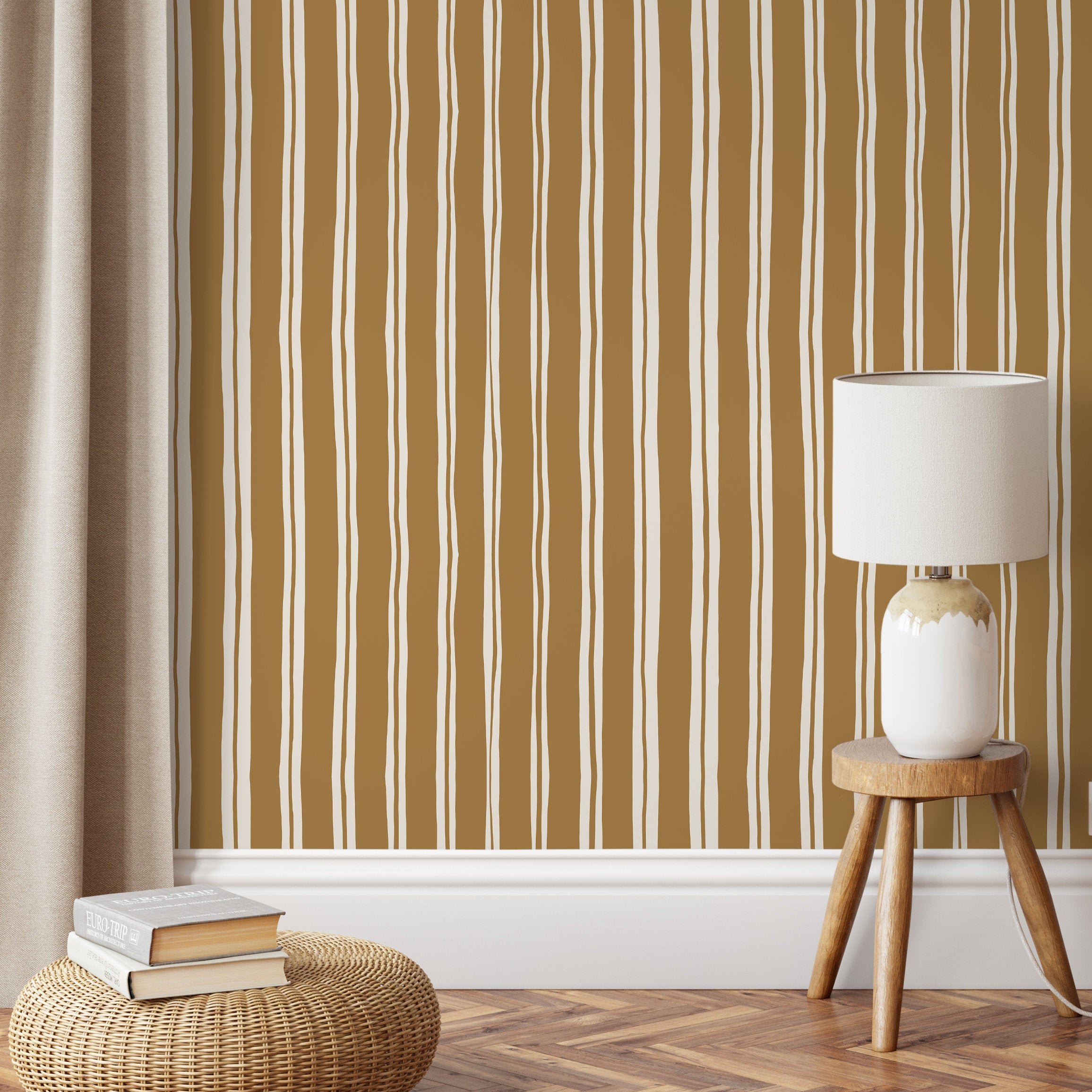 Striped Wallpaper With Organic Wavy Lines In Mustard And Off-white - D767