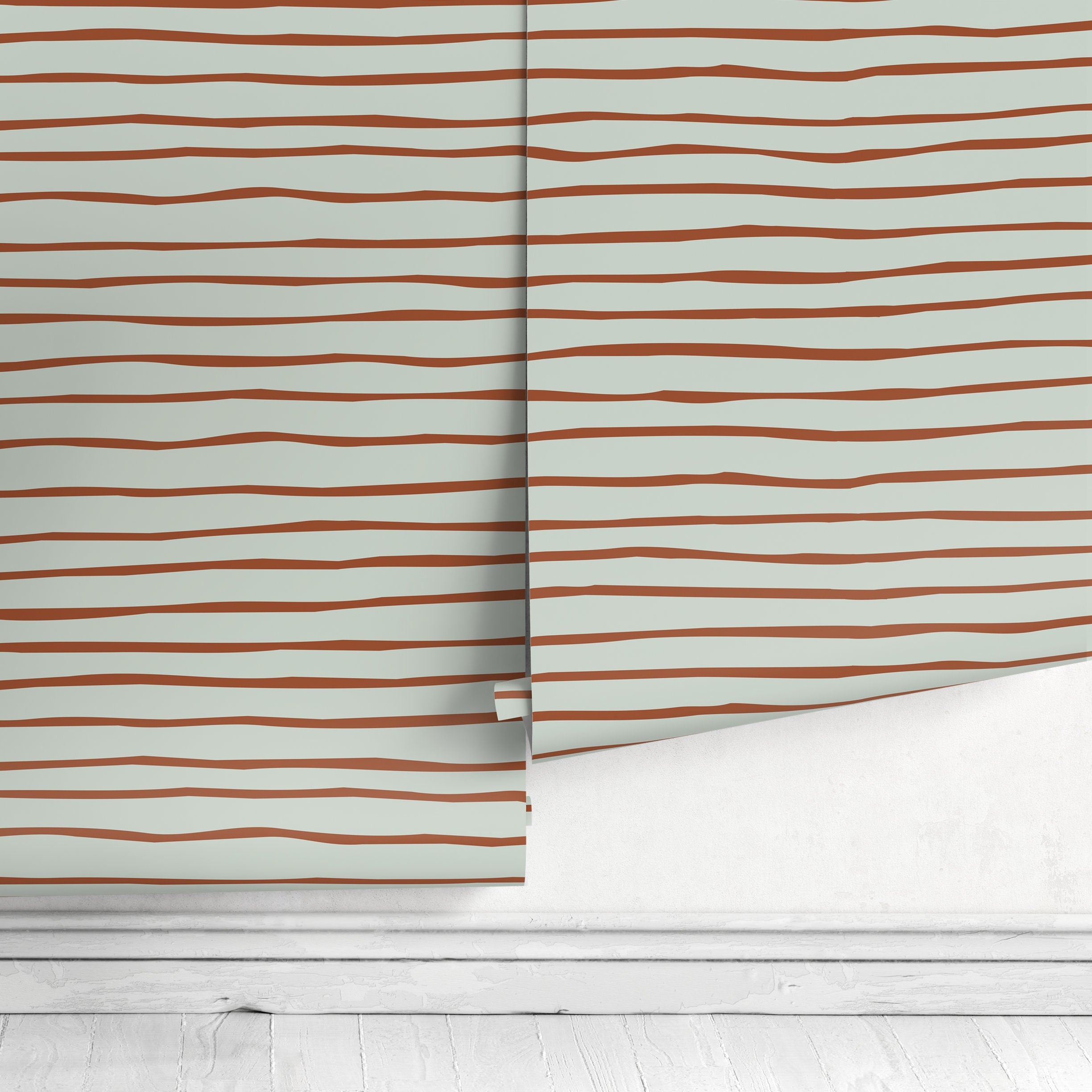 Boho Wallpaper With Modern Wavy Stripes In Terracotta And Sage - D775