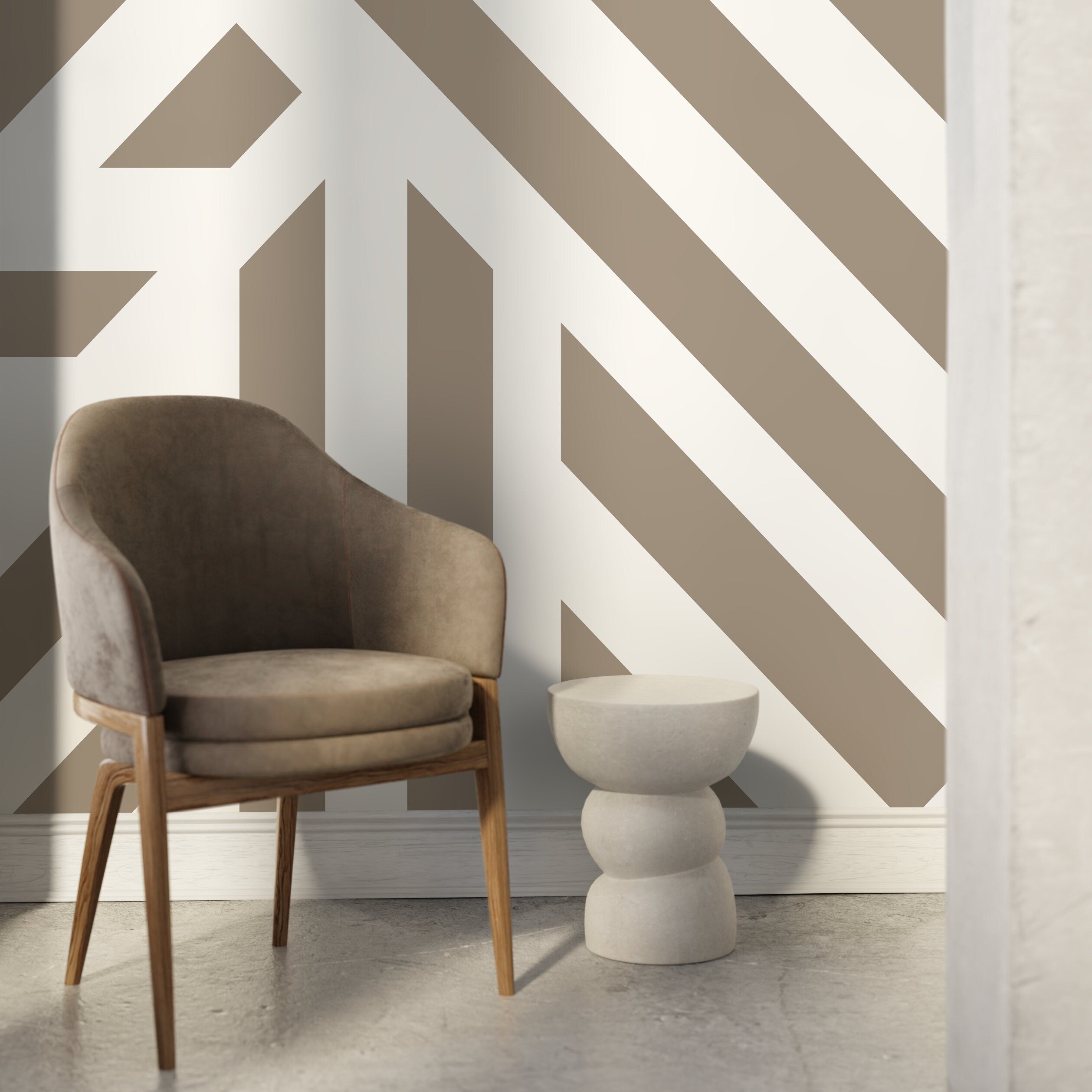 Geometric Wallpaper With Bold Diagonal Stripes In Beige And Off-white - D734