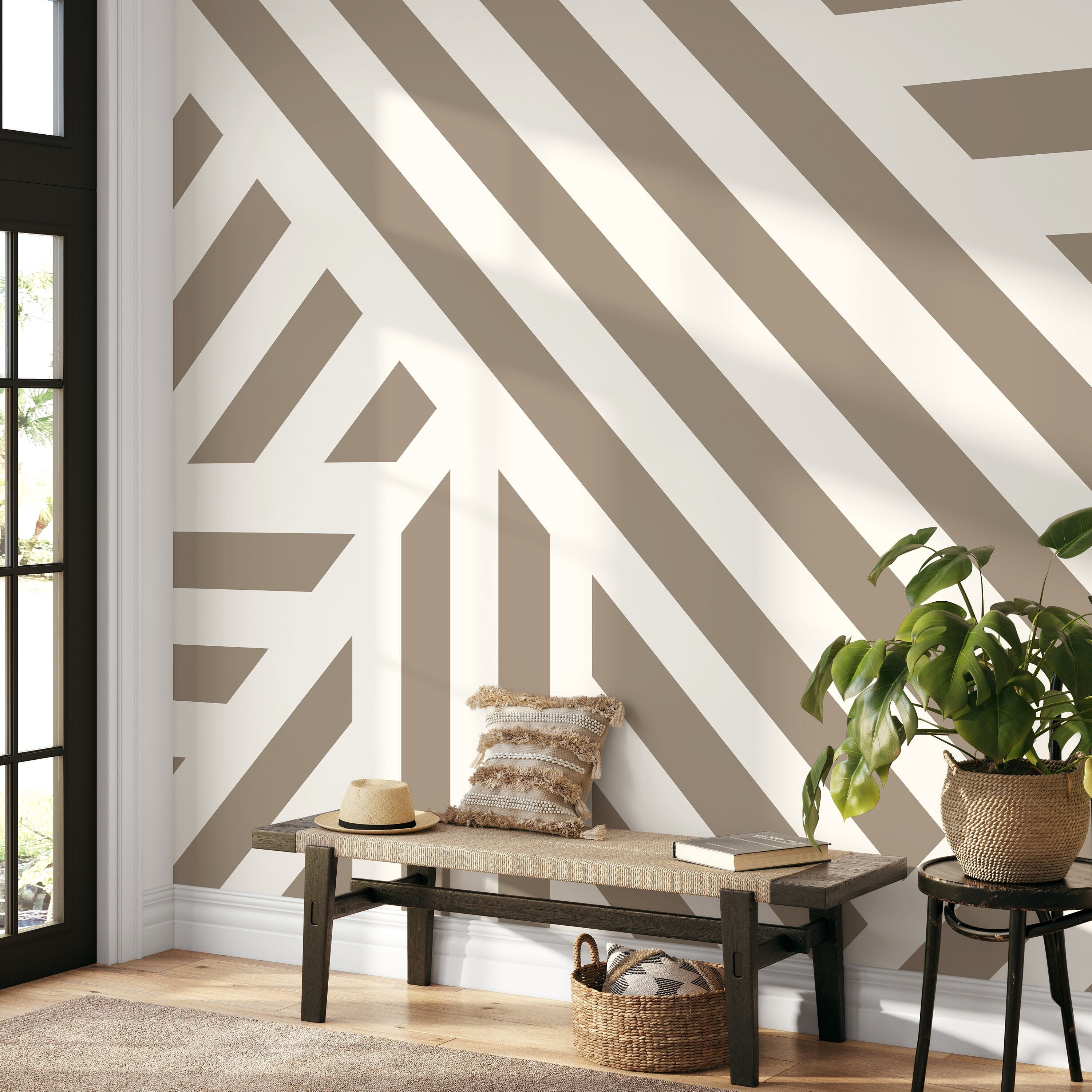 Geometric Wallpaper With Bold Diagonal Stripes In Beige And Off-white - D734