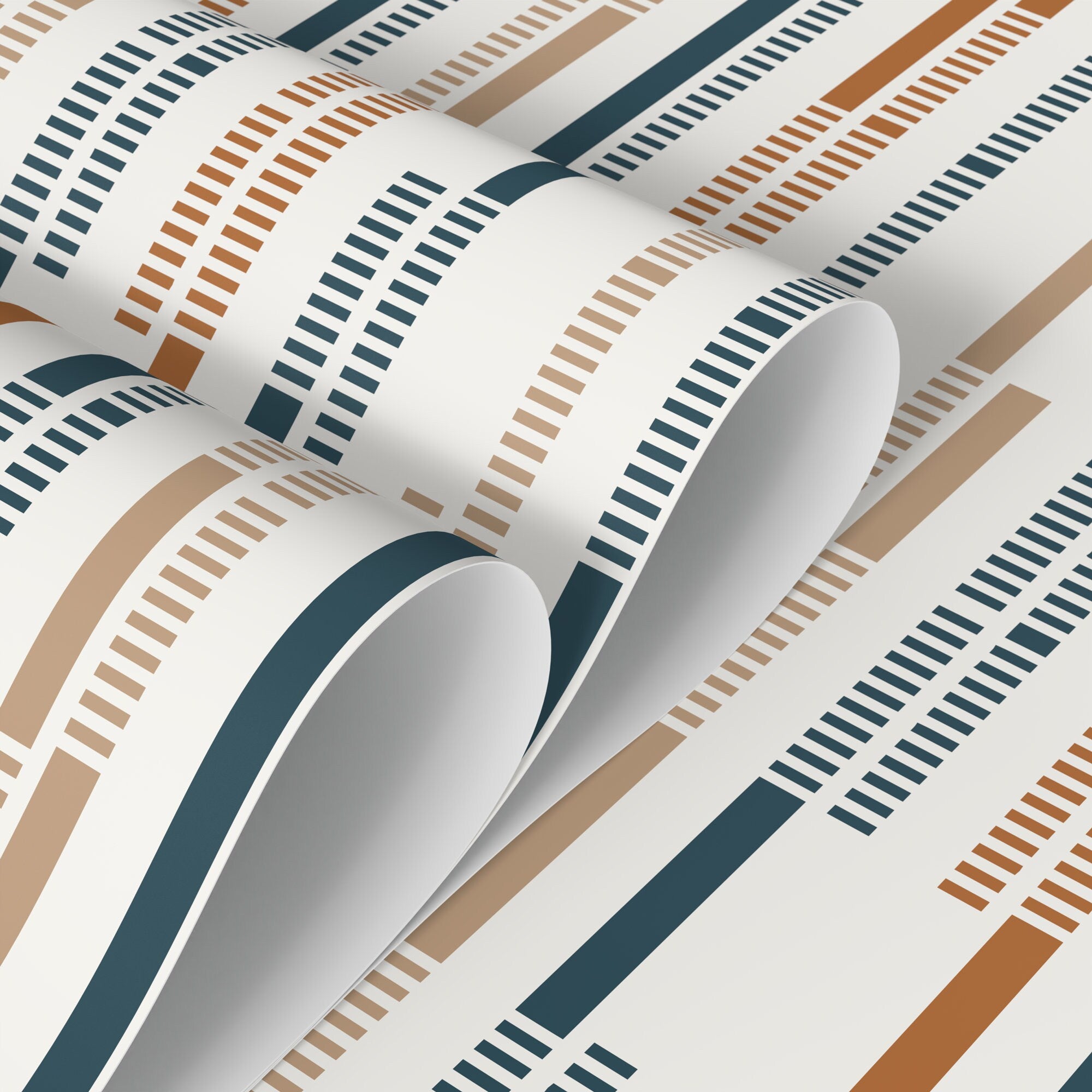 Geometric Wallpaper With Rhythmic Lines In Navy Blue, Terracotta, And Beige - D743