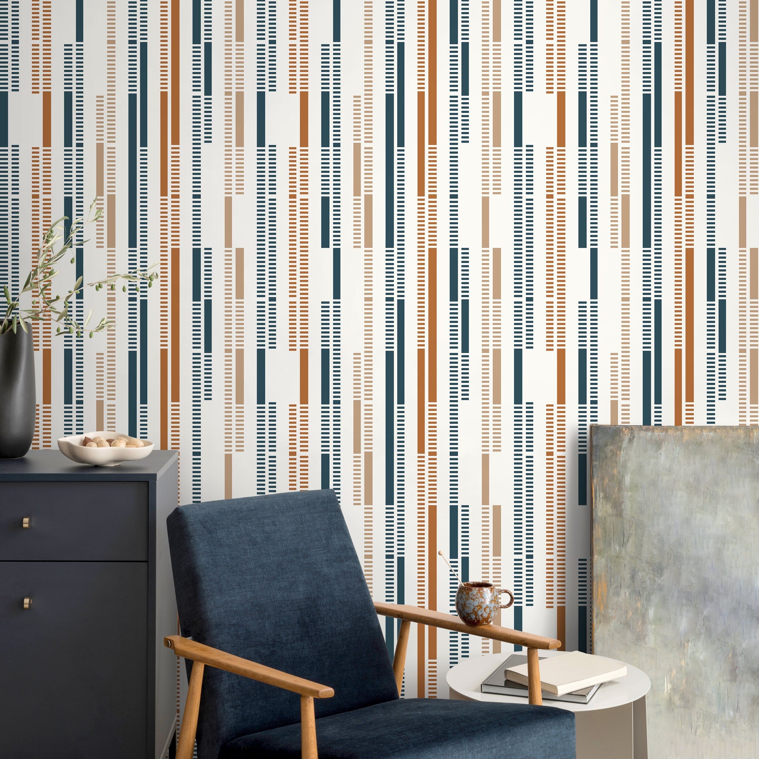 Geometric Wallpaper With Rhythmic Lines In Navy Blue, Terracotta, And Beige - D743