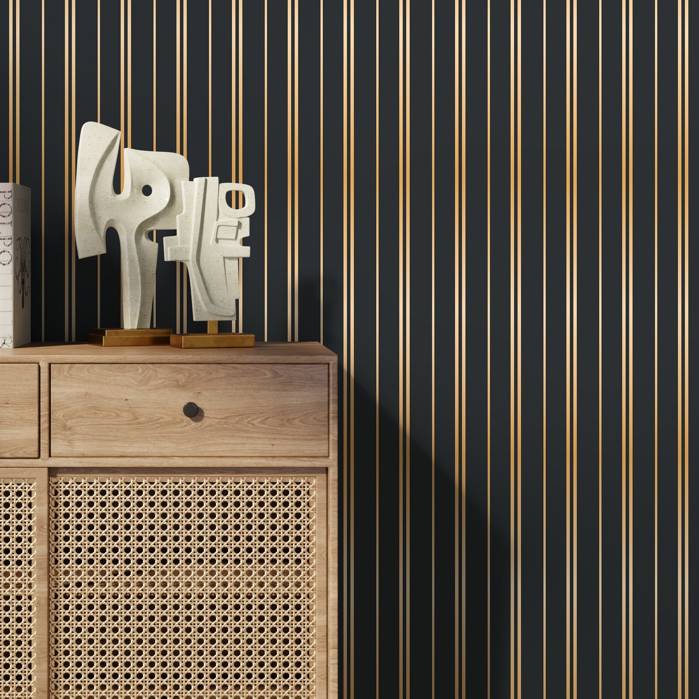 Art Deco Wallpaper With A Metallic Pinstripe Motif In Gold And Black - D771