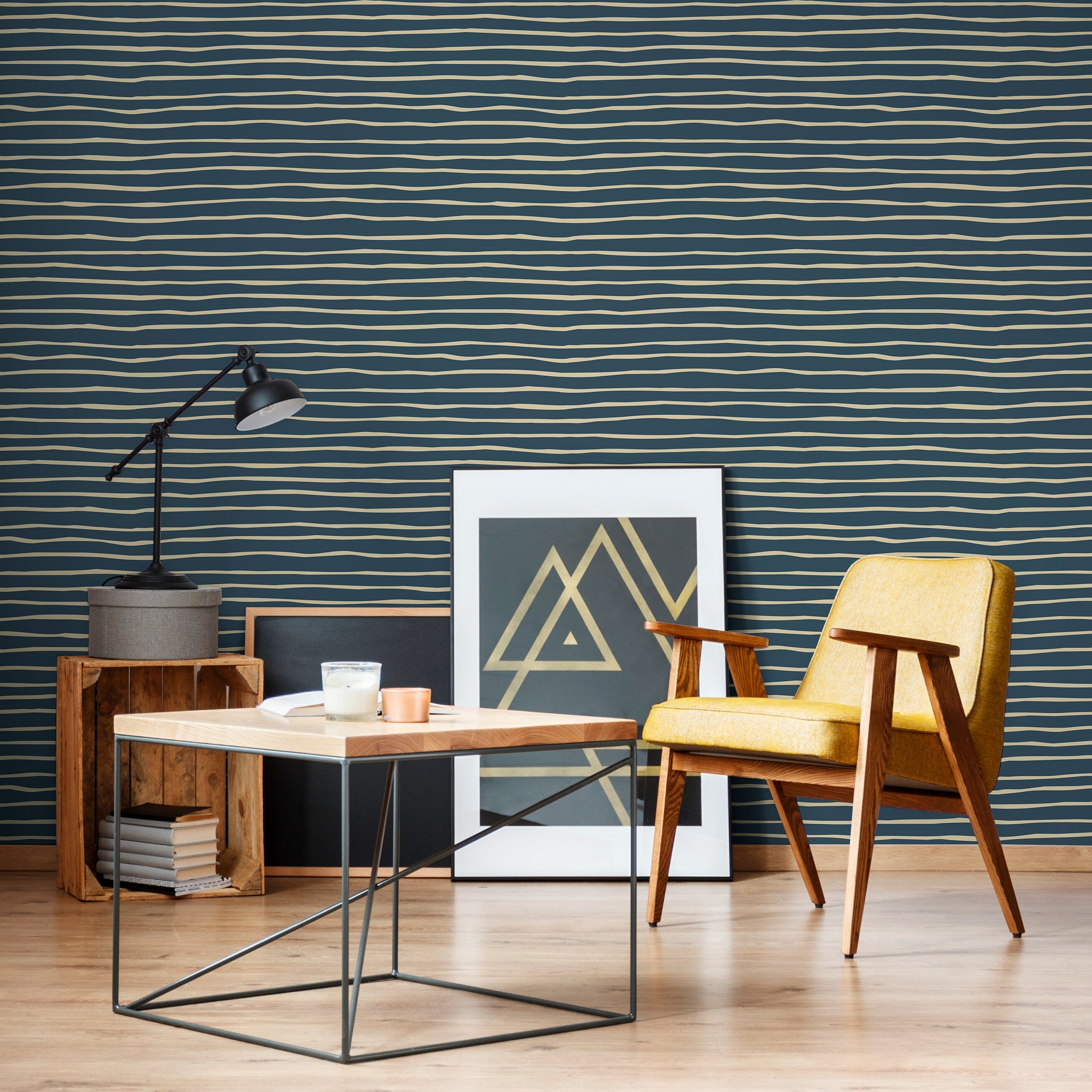Striped Wallpaper With Wavy Hand-drawn Lines In Blue And Cream - D776