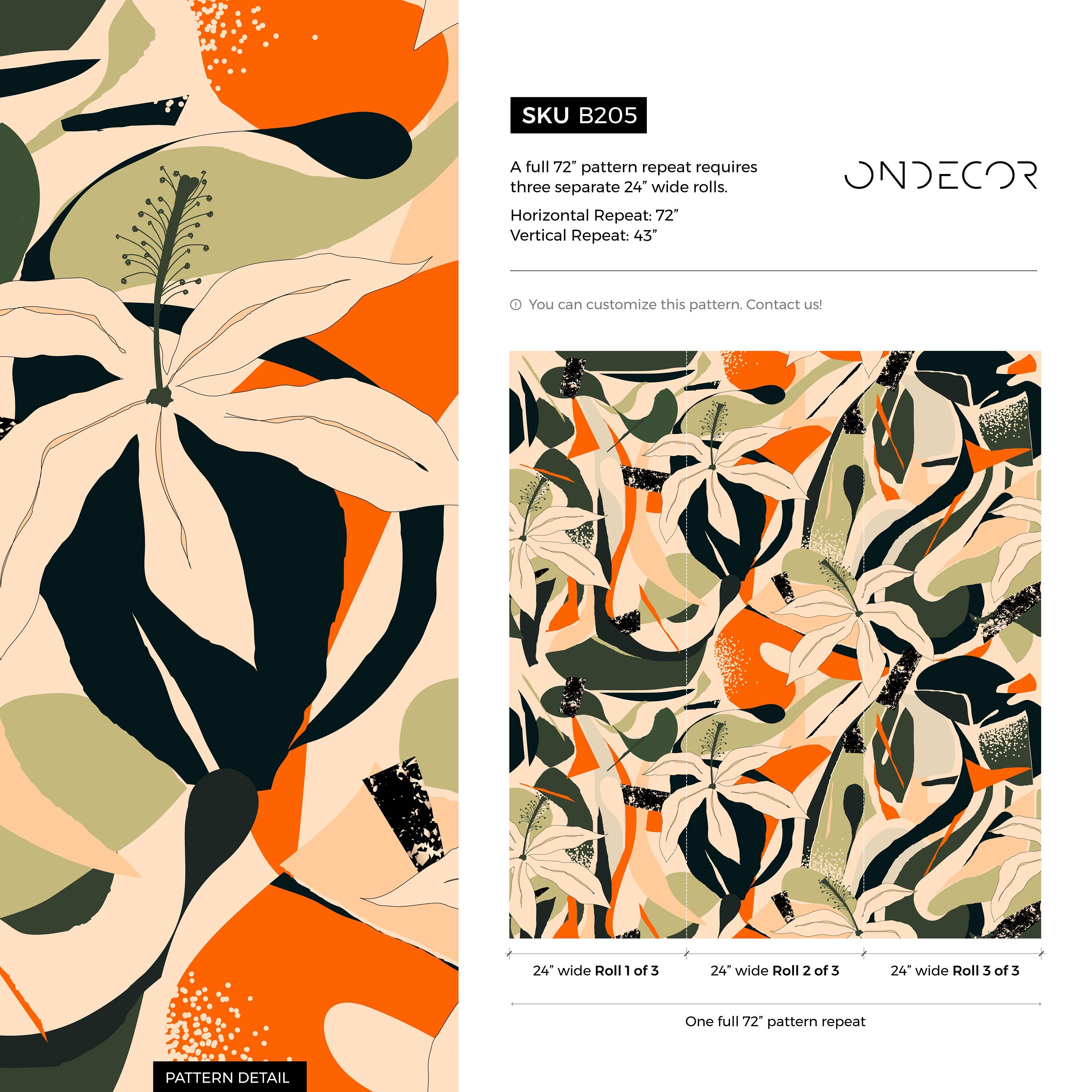 Tropical Wallpaper With An Abstract Floral Collage In Green, Orange, And Black - B205