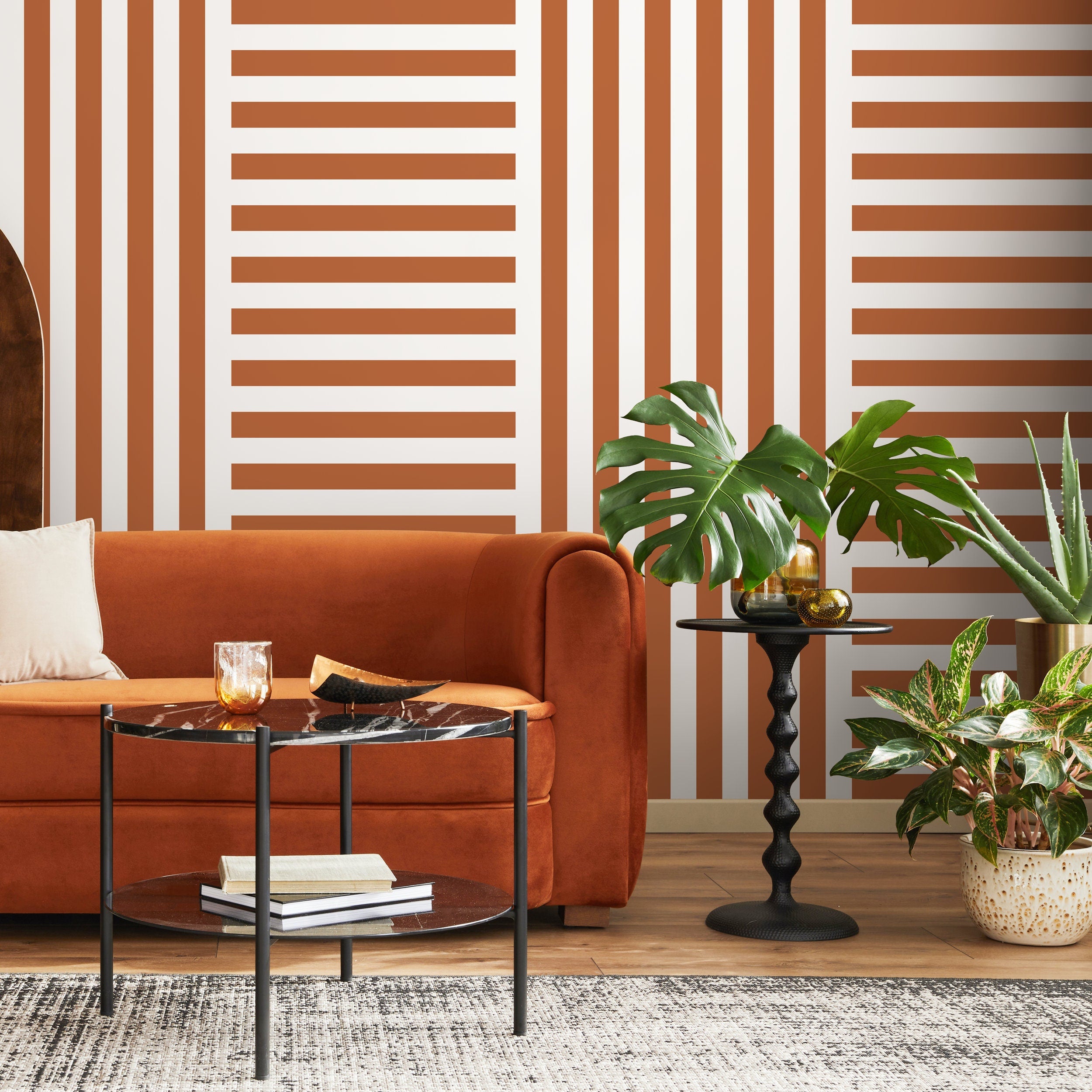 Geometric Wallpaper With Bold Alternating Stripes In Terracotta And White - D739