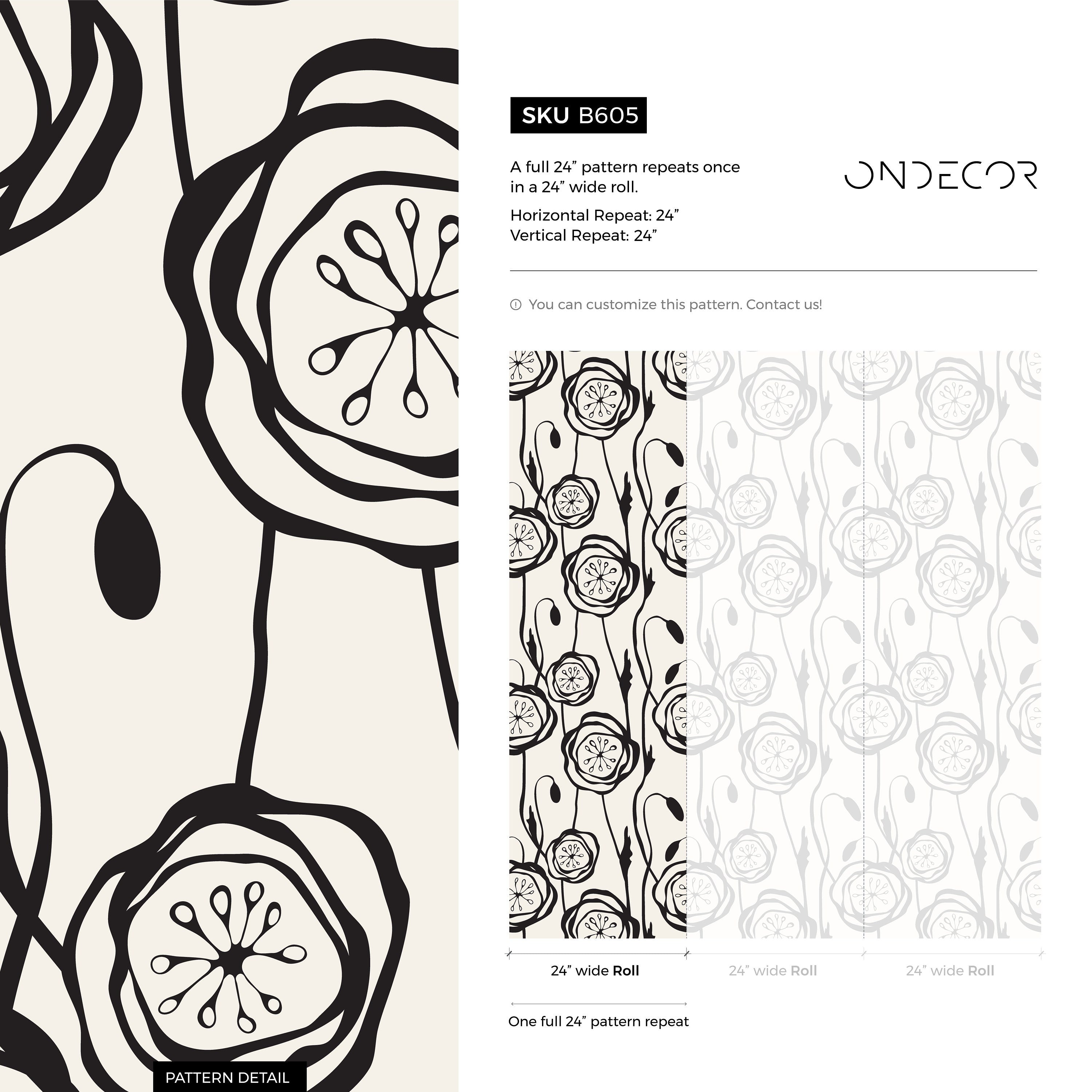 Floral Wallpaper With A Bold Poppy Outline In Black And White - B605