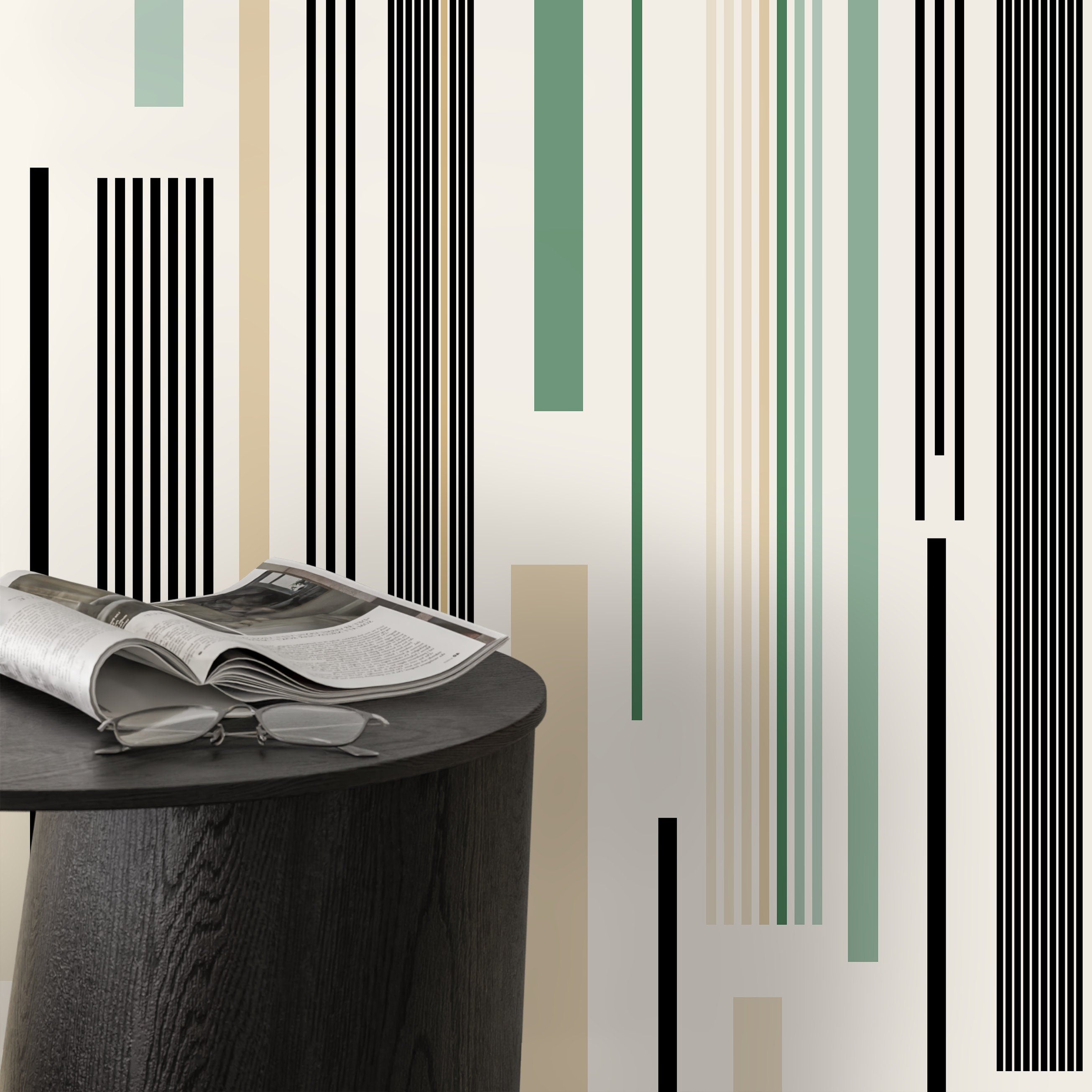 Geometric Wallpaper With Modern Vertical Stripes In Black, Green, And Beige - D740