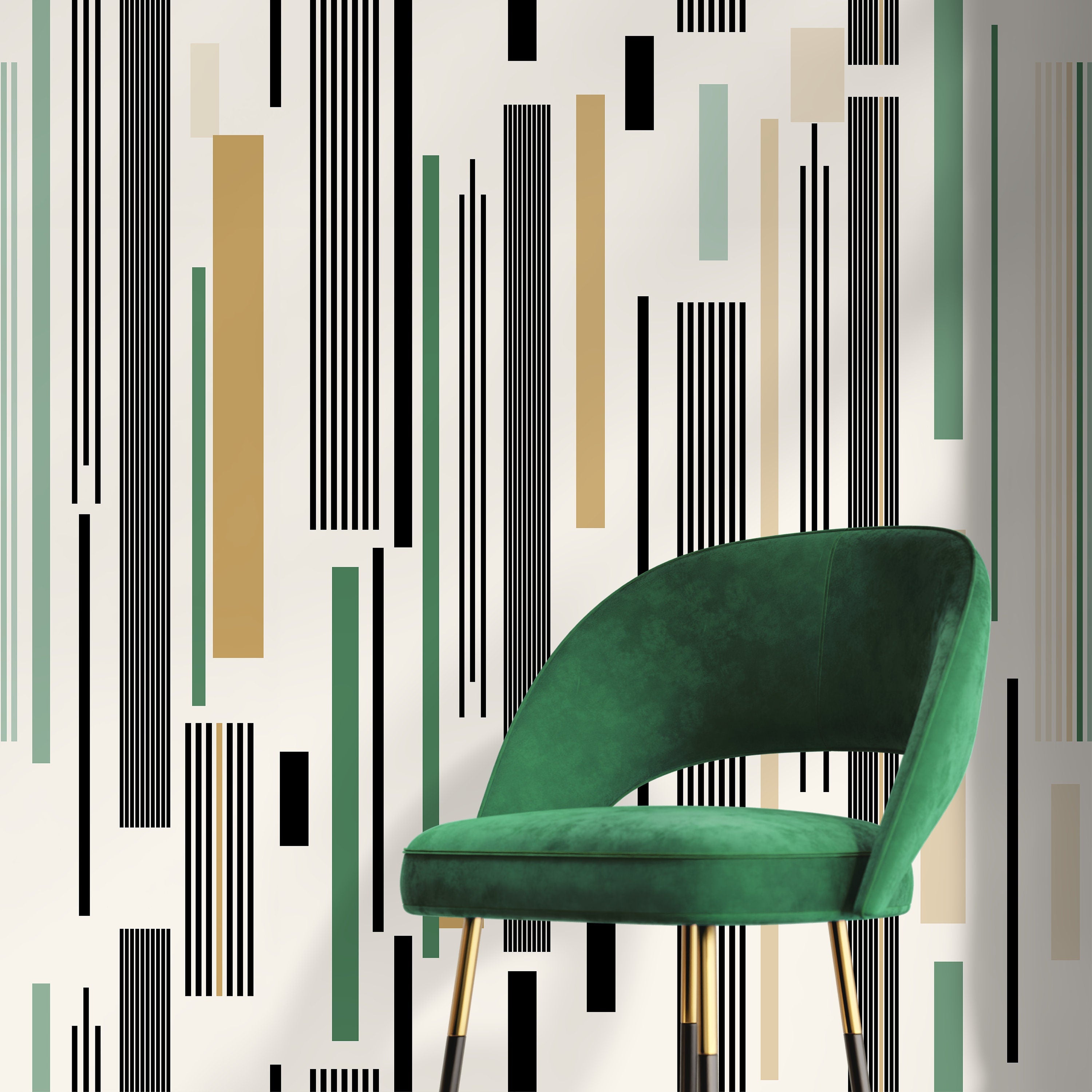 Geometric Wallpaper With Modern Vertical Stripes In Black, Green, And Beige - D740