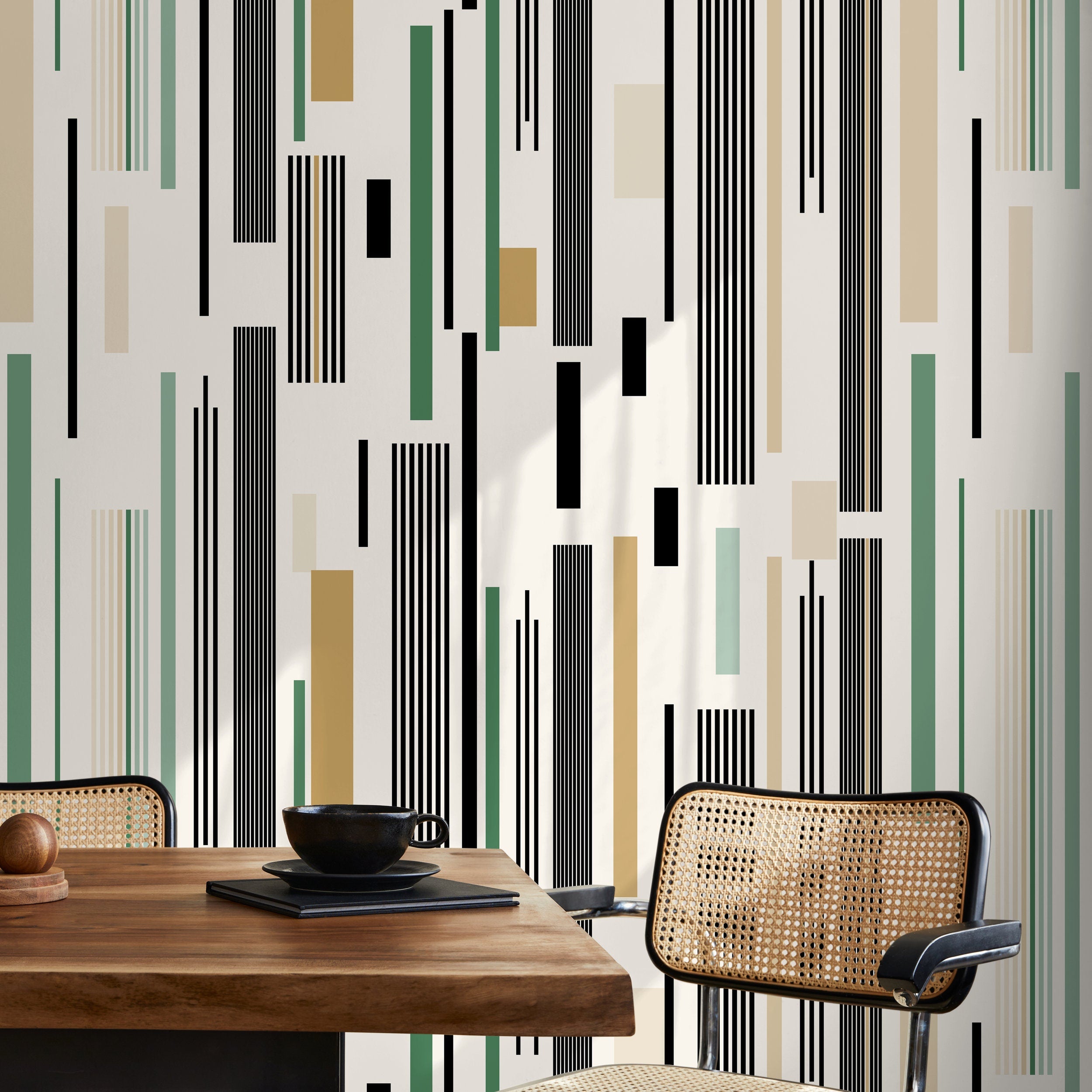 Geometric Wallpaper With Modern Vertical Stripes In Black, Green, And Beige - D740