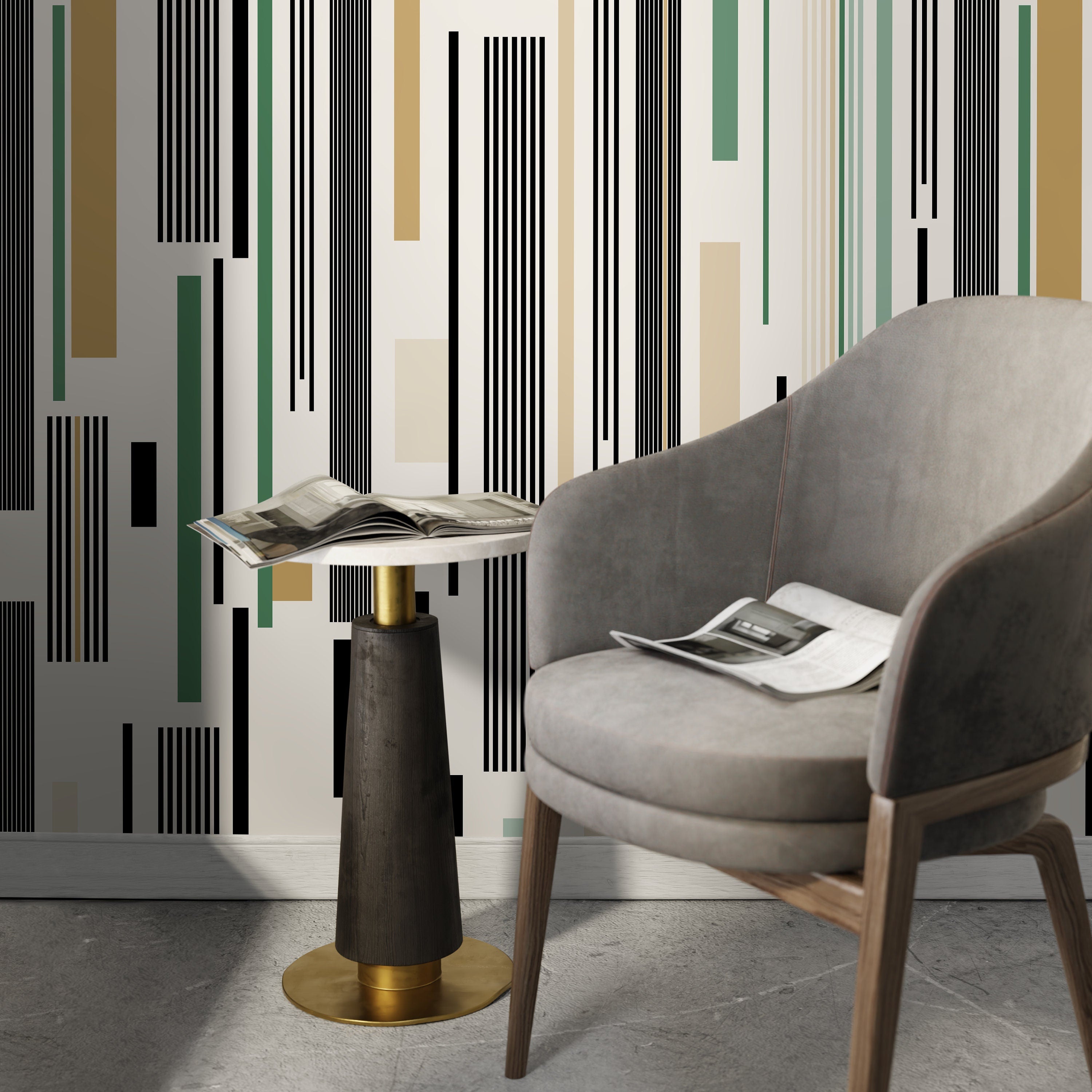 Geometric Wallpaper With Modern Vertical Stripes In Black, Green, And Beige - D740