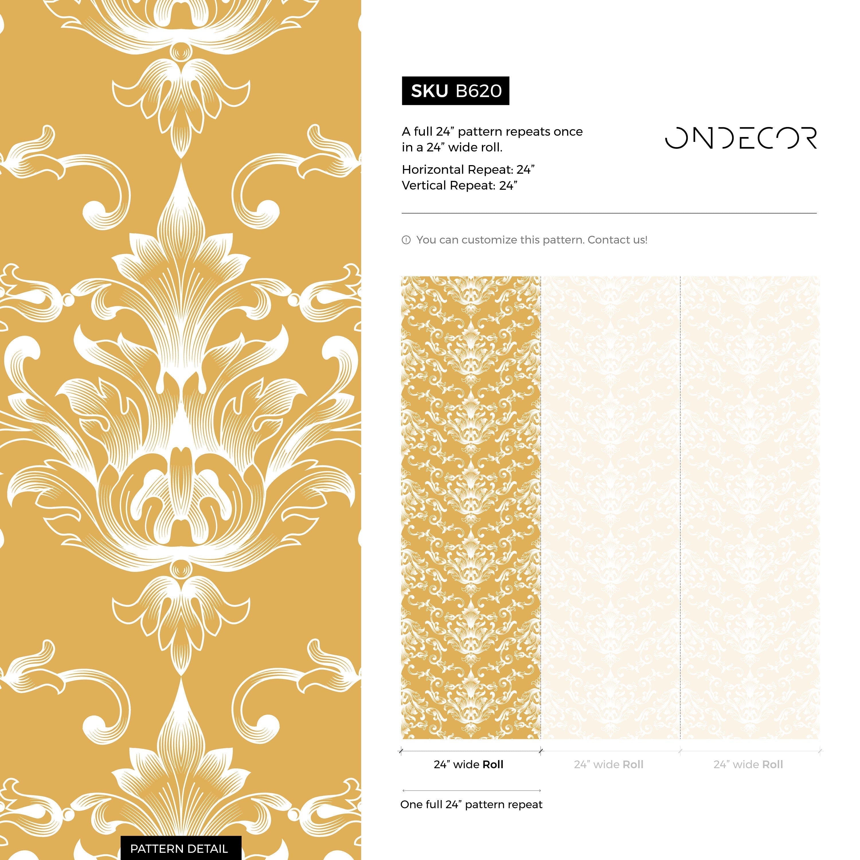 Damask Wallpaper With Ornate Acanthus Scrolls In Mustard Yellow And White - B620