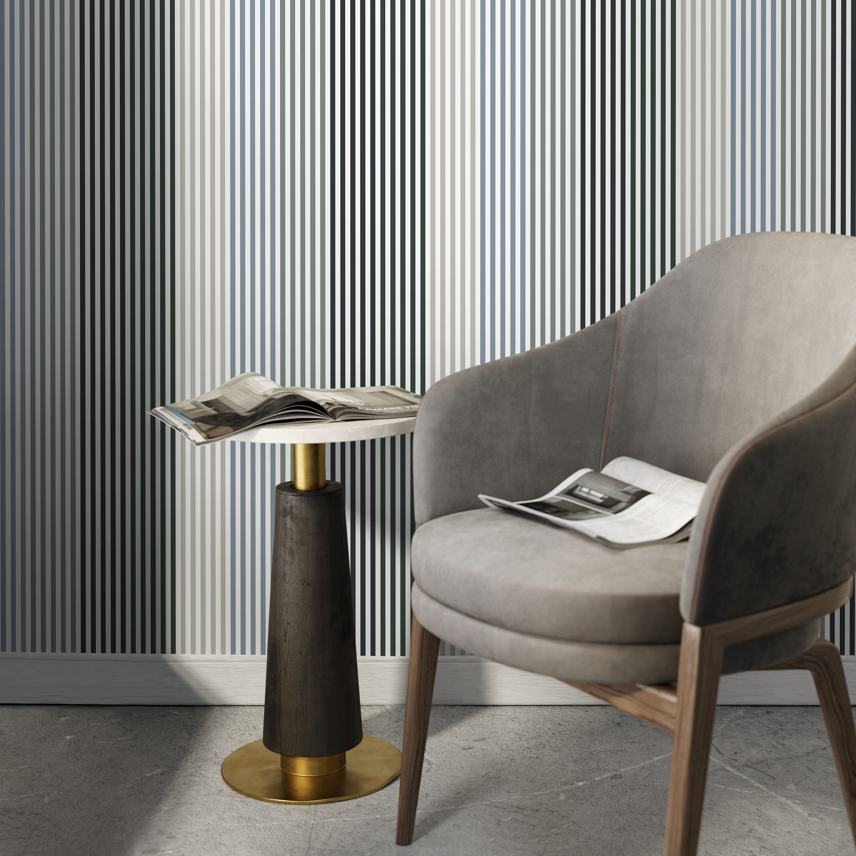 Striped Wallpaper With A Modern Geometric Motif In Green, Blue, And Grey - D756