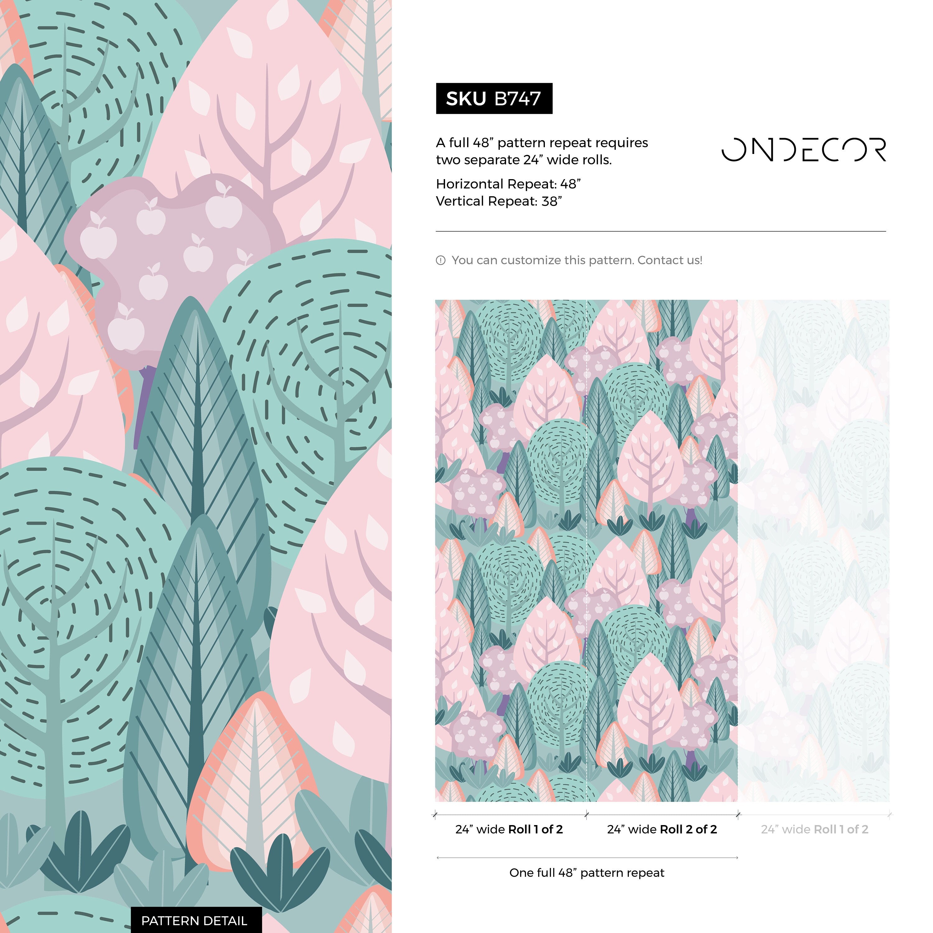 Forest Wallpaper With Stylized Apple Trees In Pink, Green, And Purple - B747