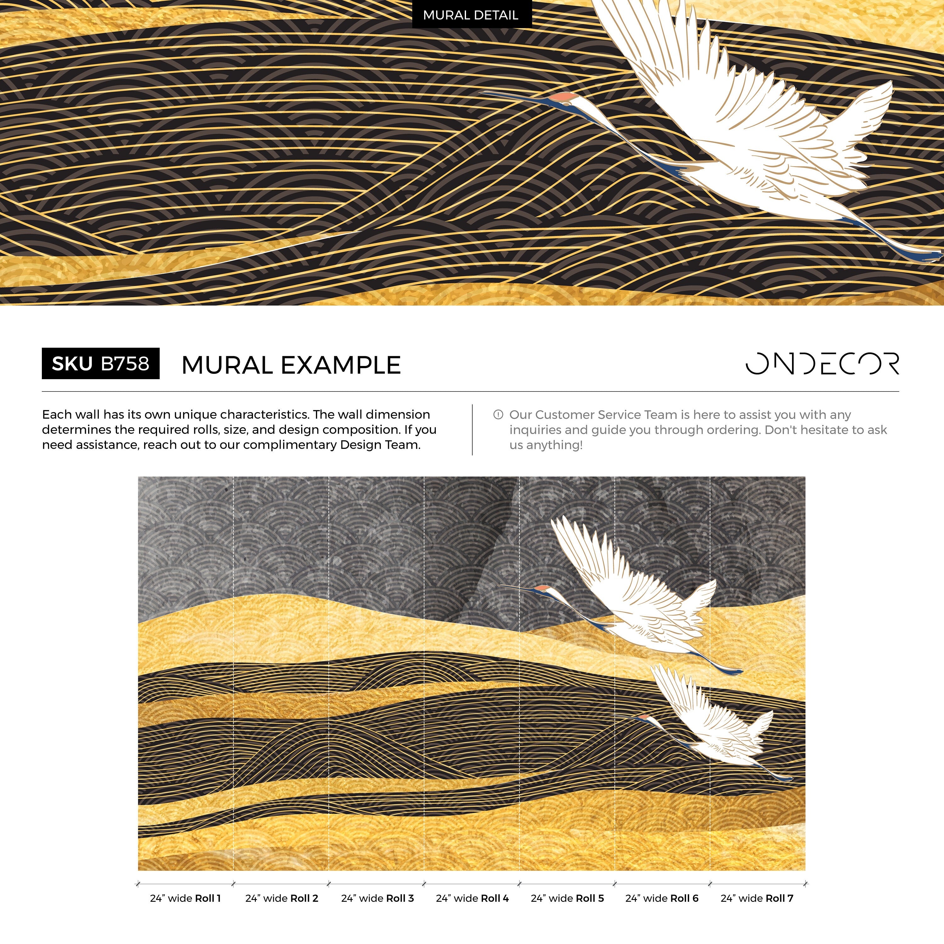 Japanese Wallpaper With Flying Cranes In Black, Gold, And White - B758