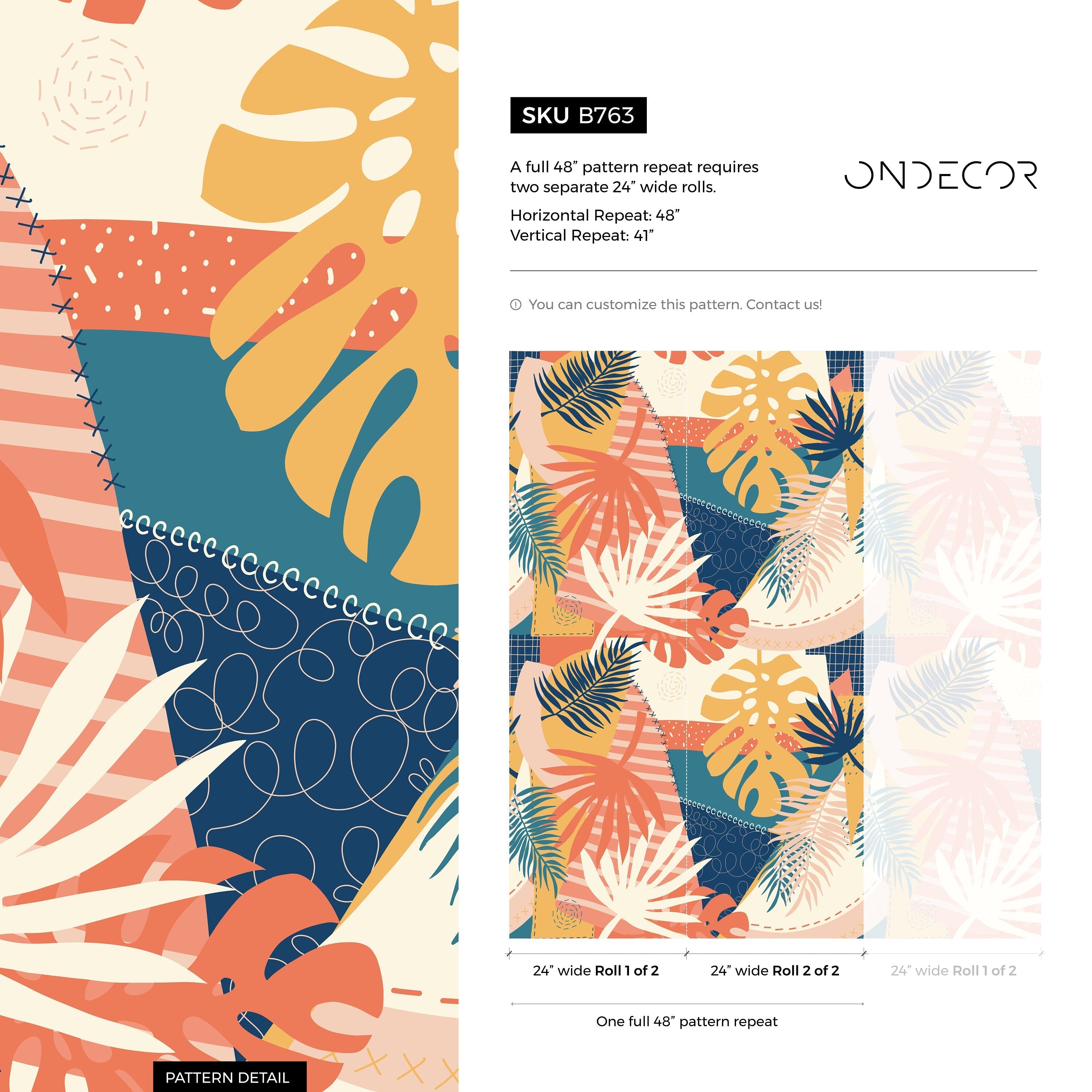 Abstract Wallpaper With A Tropical Leaf Patchwork In Blue, Yellow, And Orange - B763