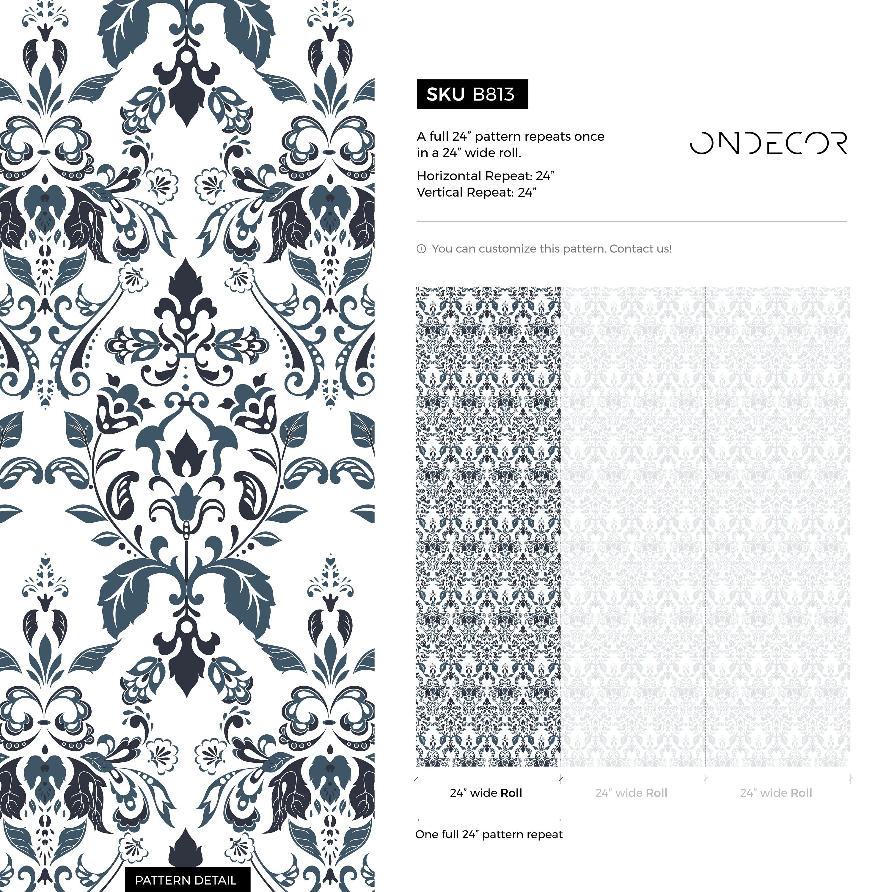 Damask Wallpaper With An Intricate Floral Motif In Navy Blue And Blue - B813