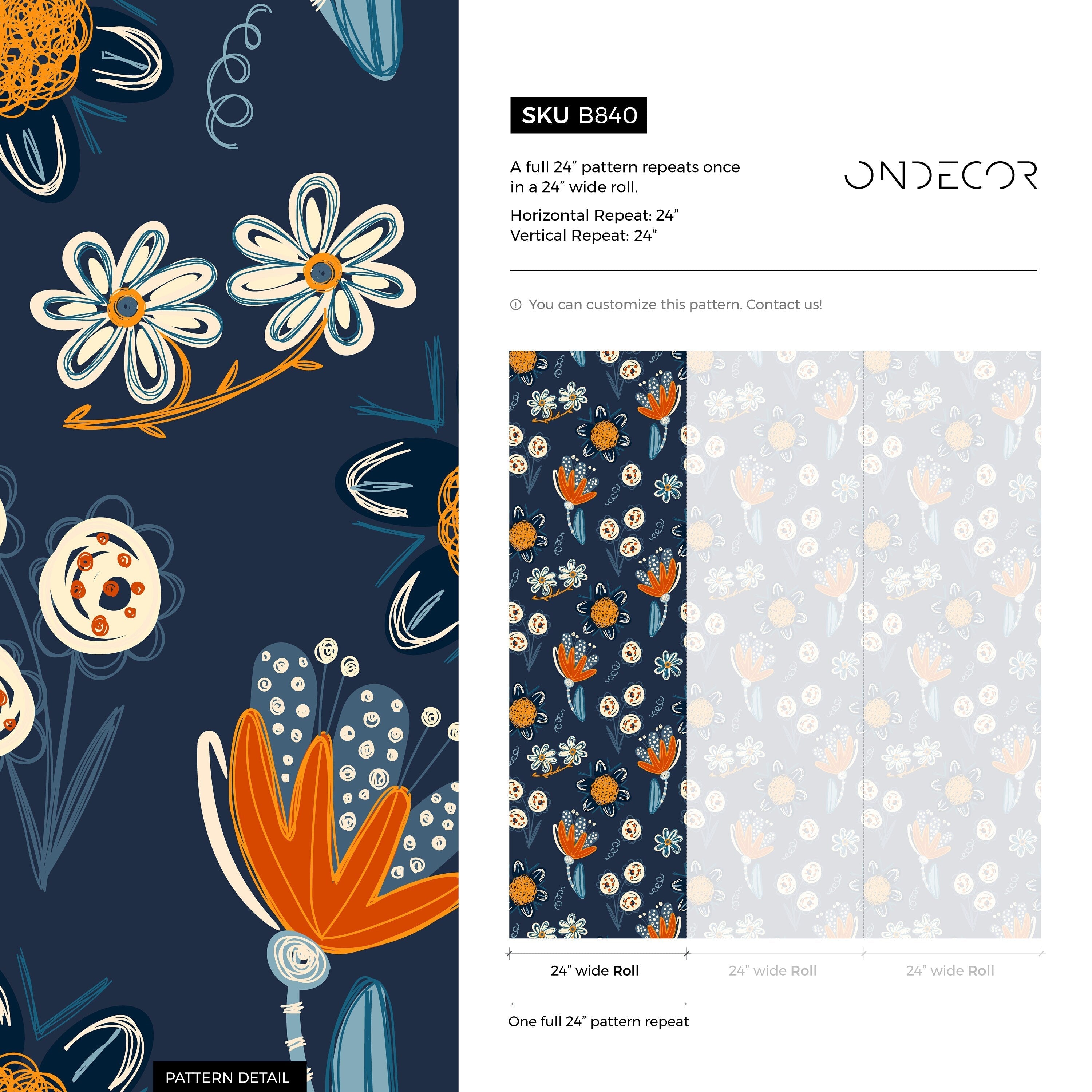 Floral Wallpaper Featuring Whimsical Blooms In Navy And Orange - B840