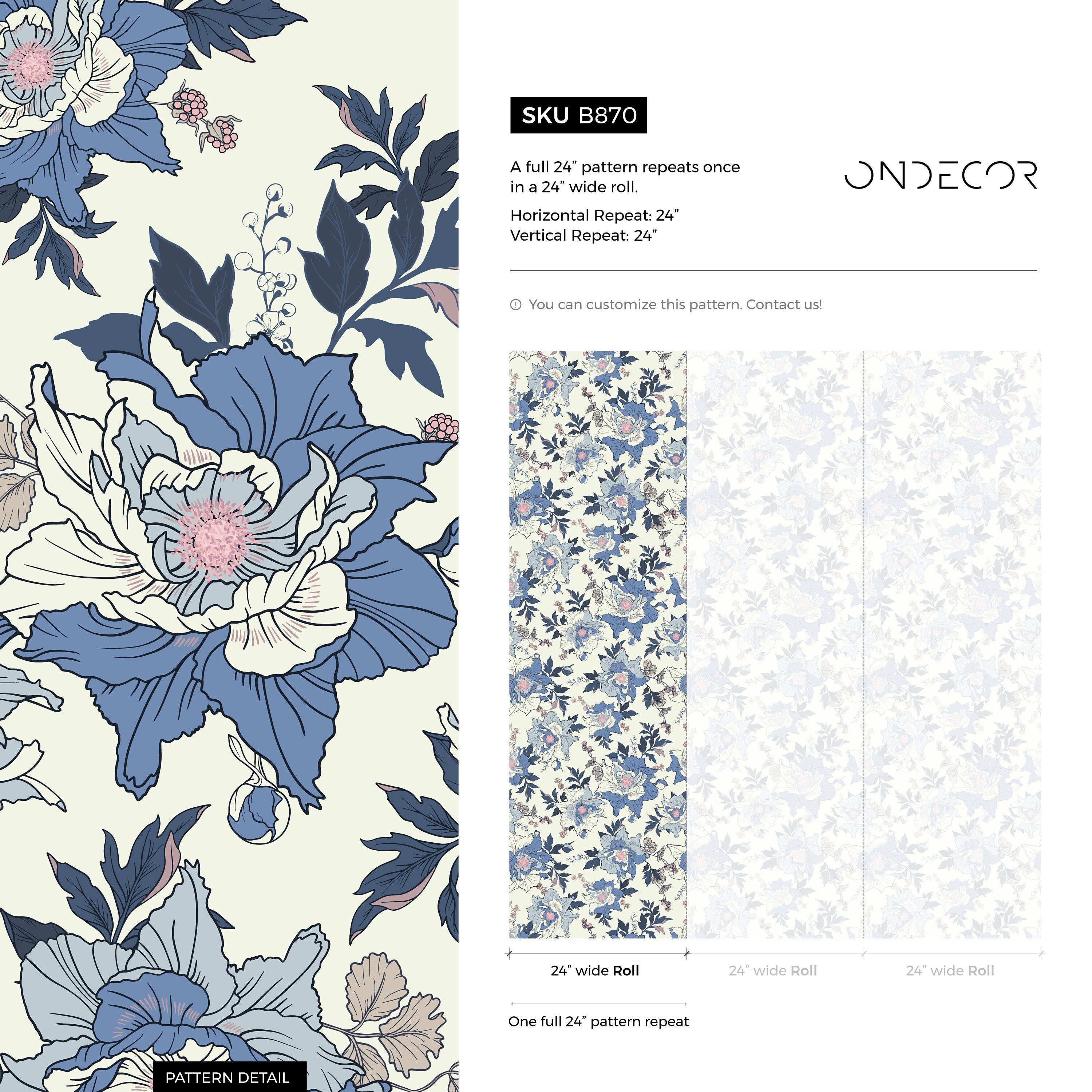 Vintage Floral Wallpaper With Illustrated Peonies In Blue And Pink - B870