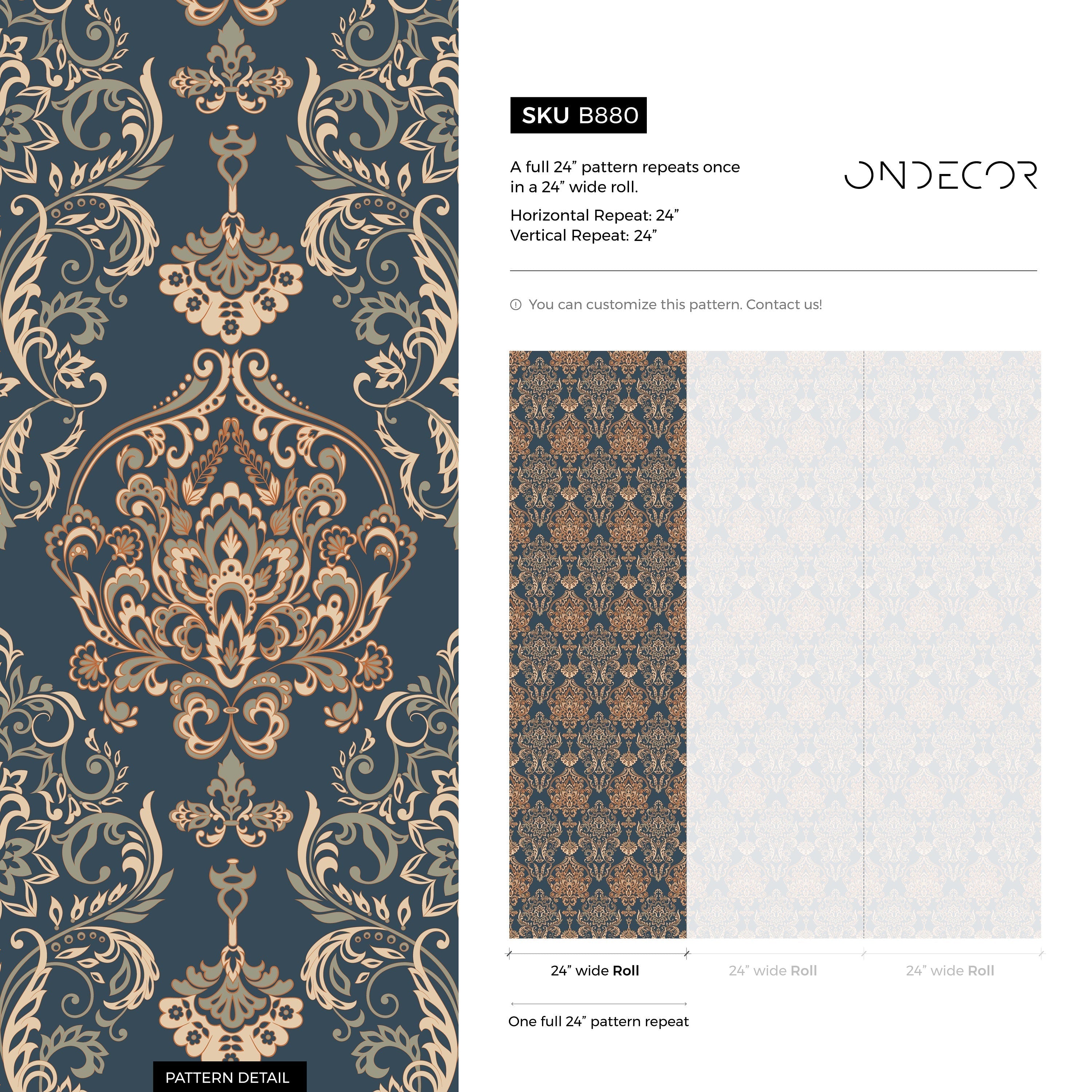 Damask Wallpaper With An Ornate Motif In Blue, Gold, And Beige - B880