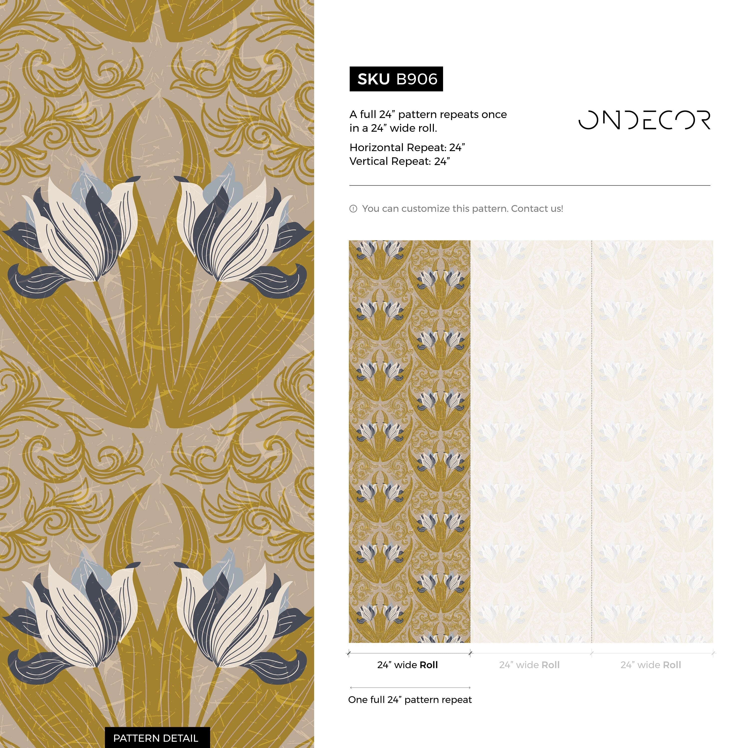 Art Nouveau Wallpaper With A Stylized Tulip Damask In Ochre, Blue, And Taupe - B906