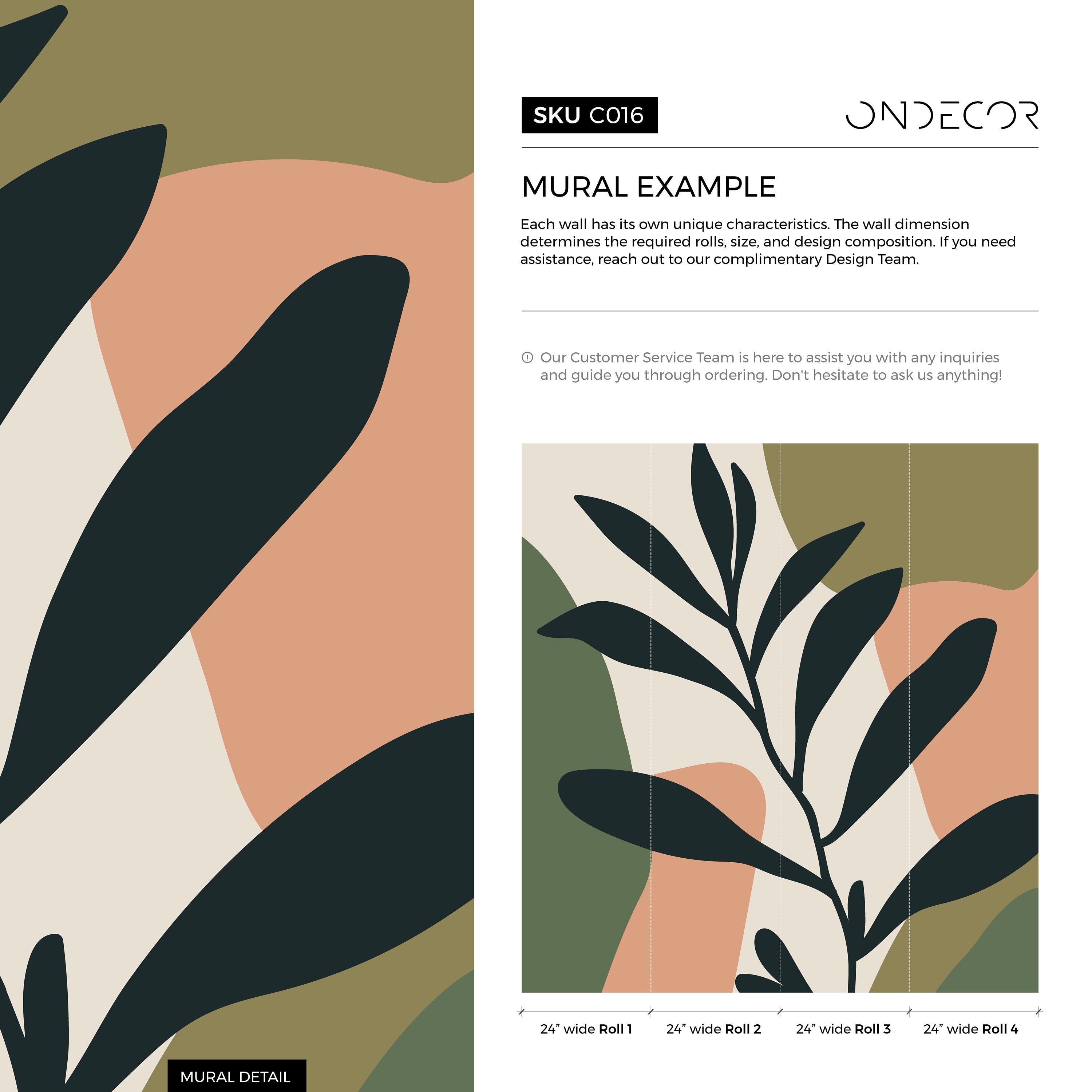Botanical Wallpaper With Abstract Shapes In Green, Black, And Terracotta - C016