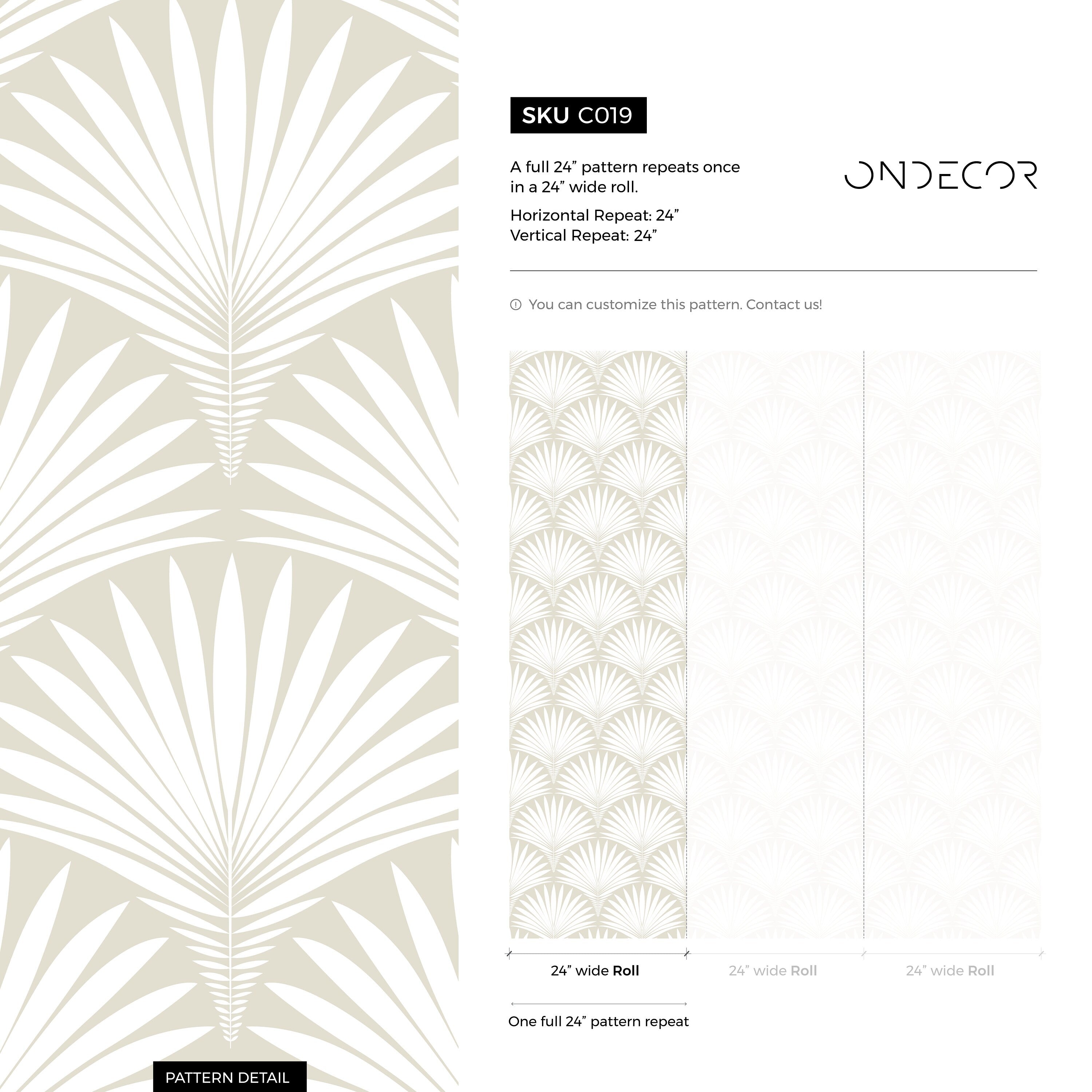 Art Deco Wallpaper Featuring A Fanned Palm Leaf Motif In Beige And Off-white - C019