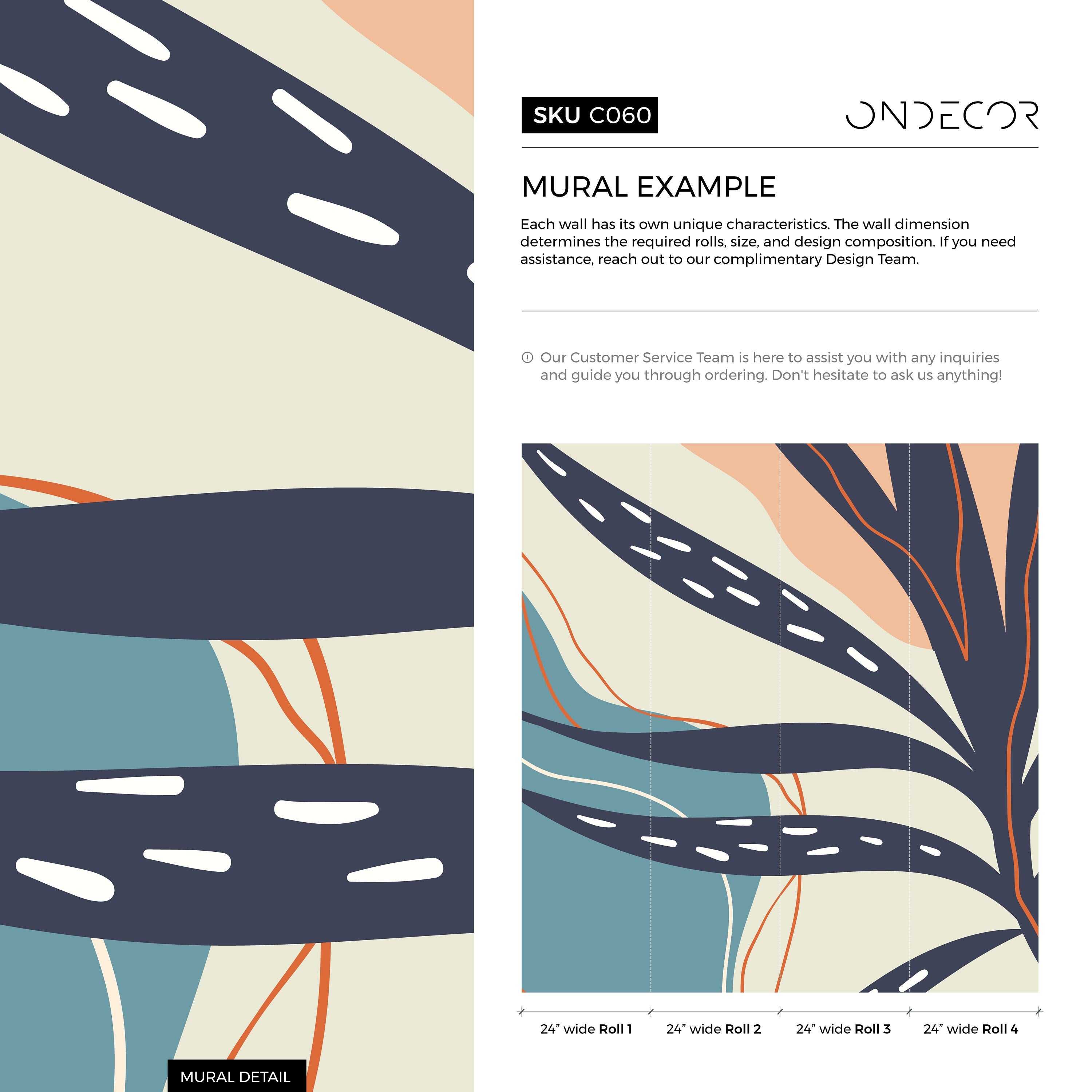 Abstract Wallpaper With Organic Leaf Shapes In Navy Blue, Teal, And Terracotta - C060