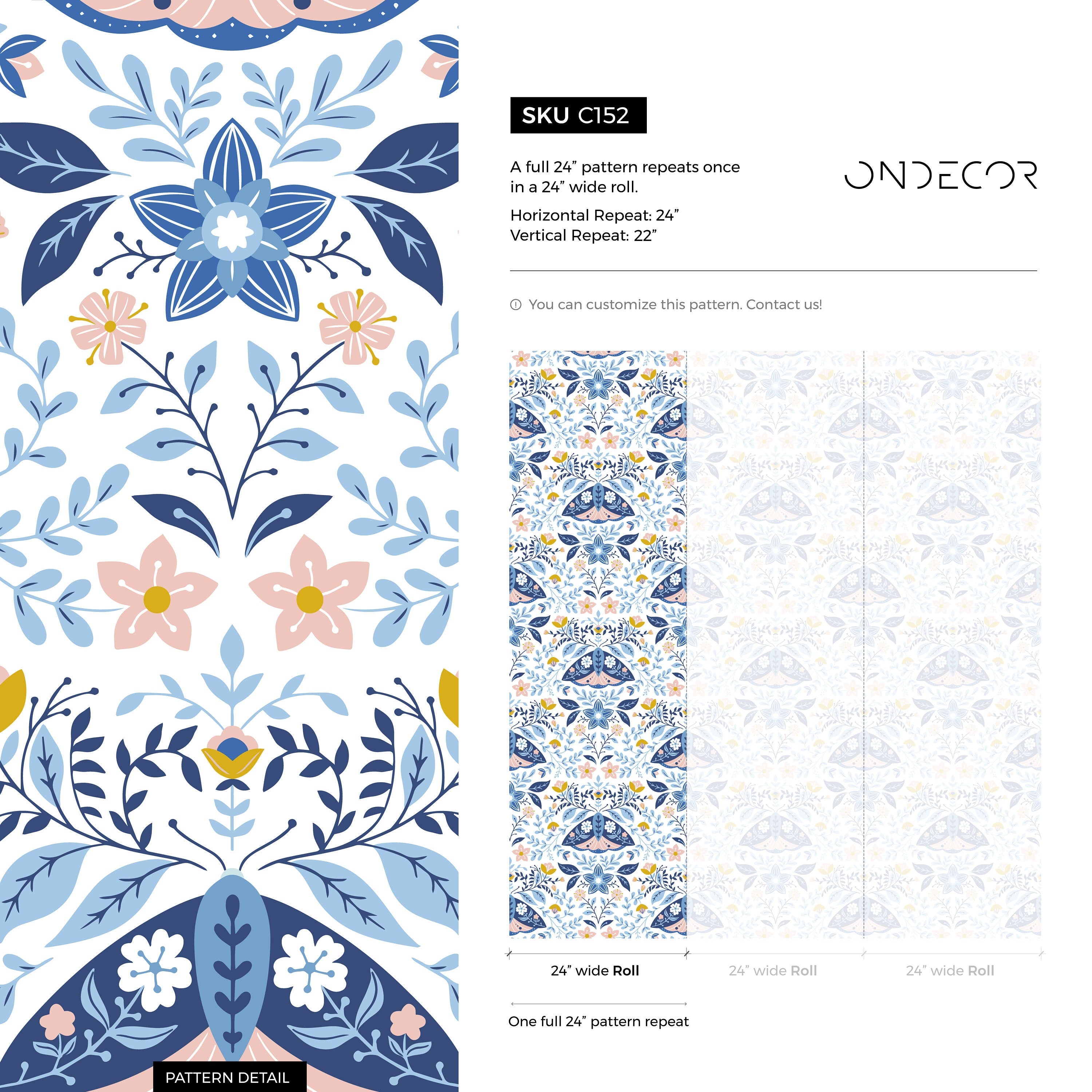 Floral Wallpaper With A Folk Art Moth Motif In Blue, Pink, And Yellow - C152